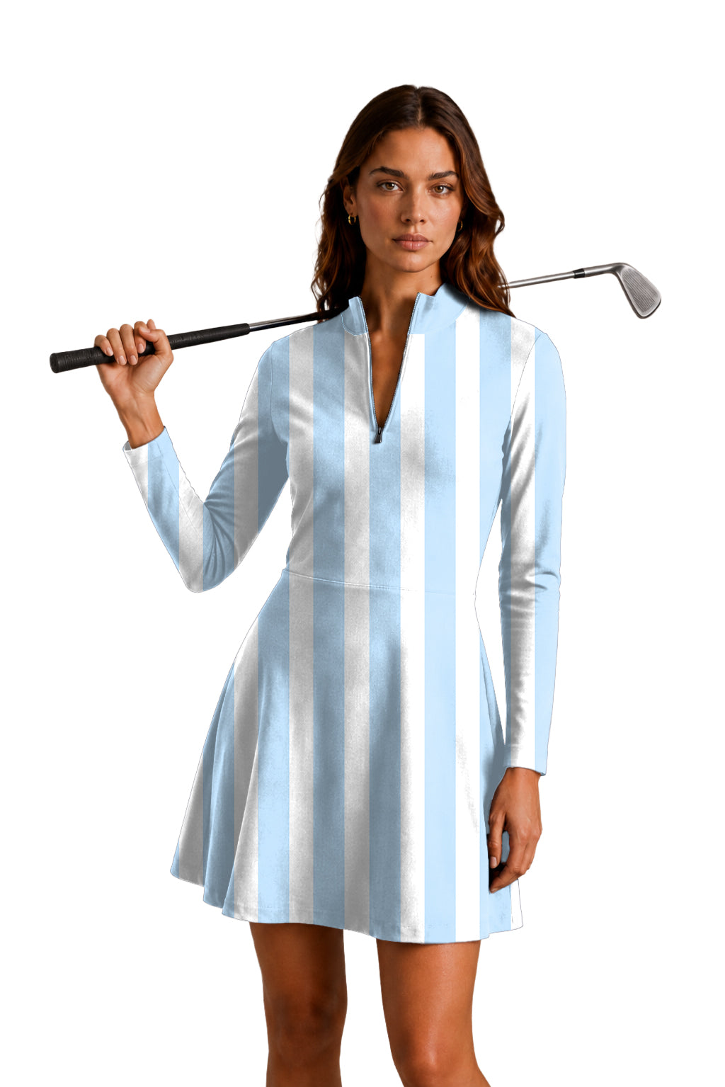 Blue and white vertical stripes Women's Golf Long Sleeve Zipper Dresses Comes with separate matching shorts