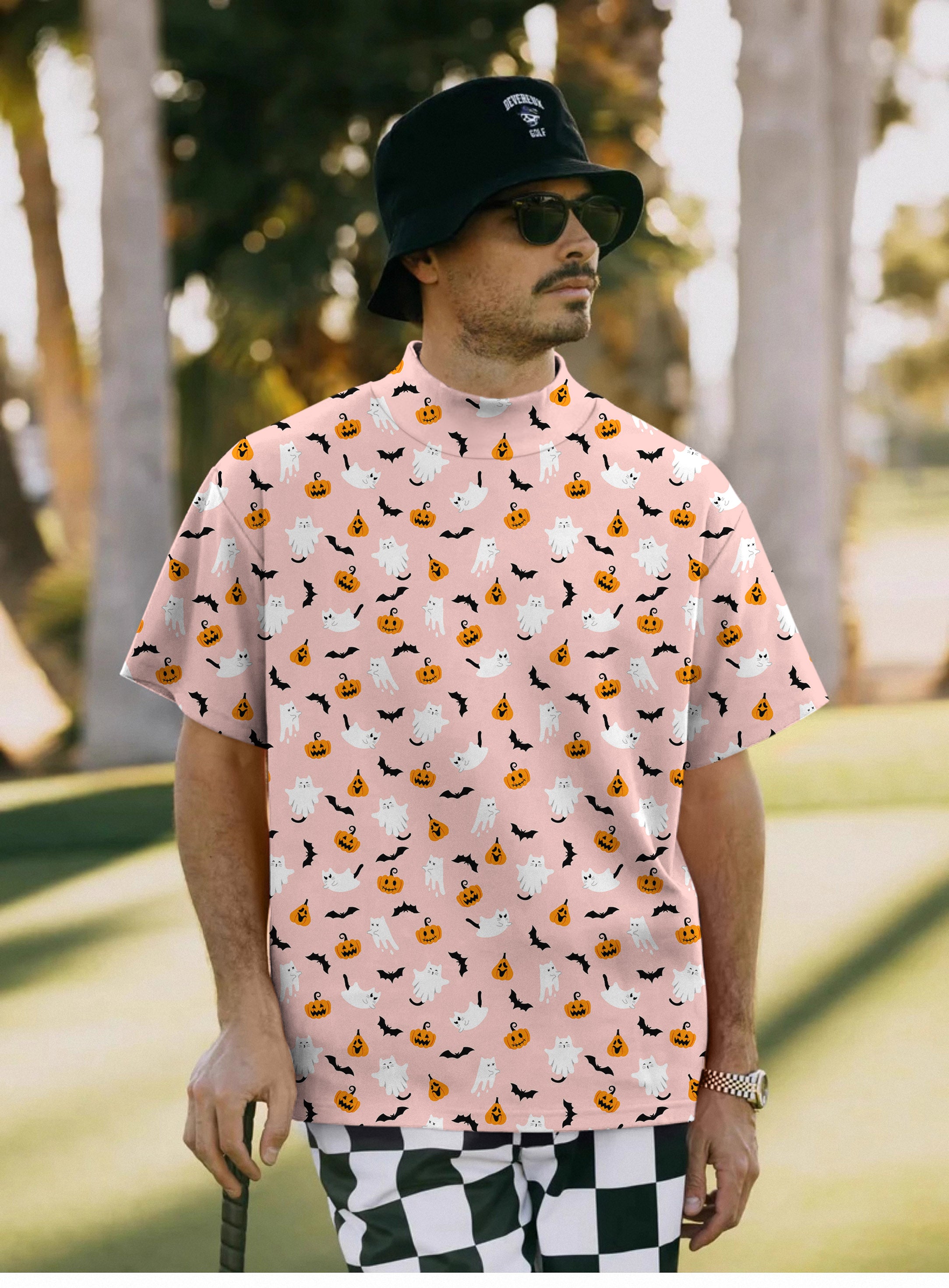 Men's Halloween Kawaii Ghost Pumpkin Pullover High neck Long/Short sleeve T-Shirt