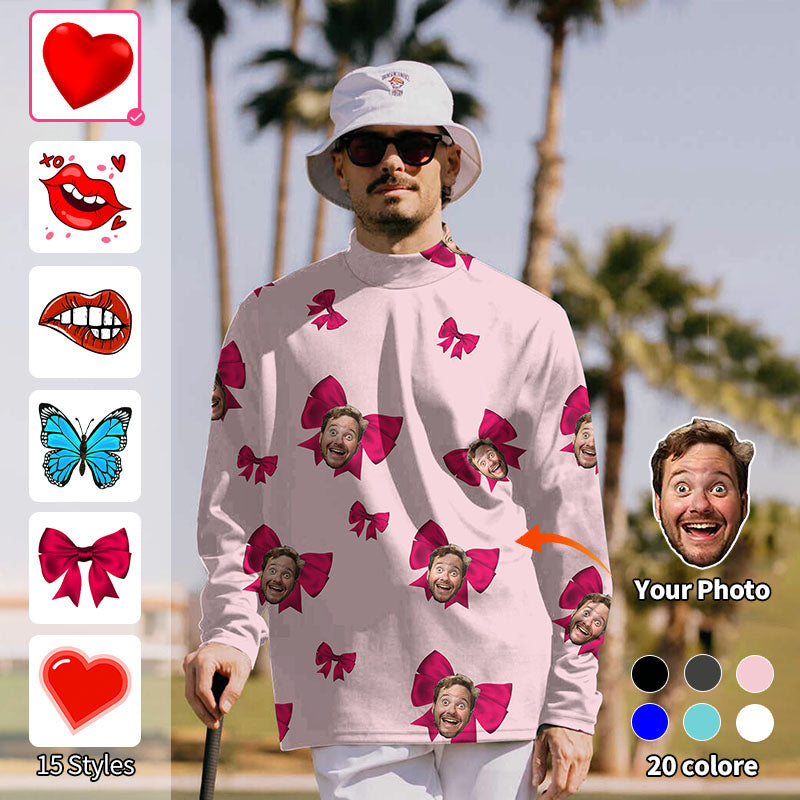 Valentine's Day Men's Custom Photo Face Custom Color Pink Love Pullover High Neck Long/Short Sleeve T-Shirt