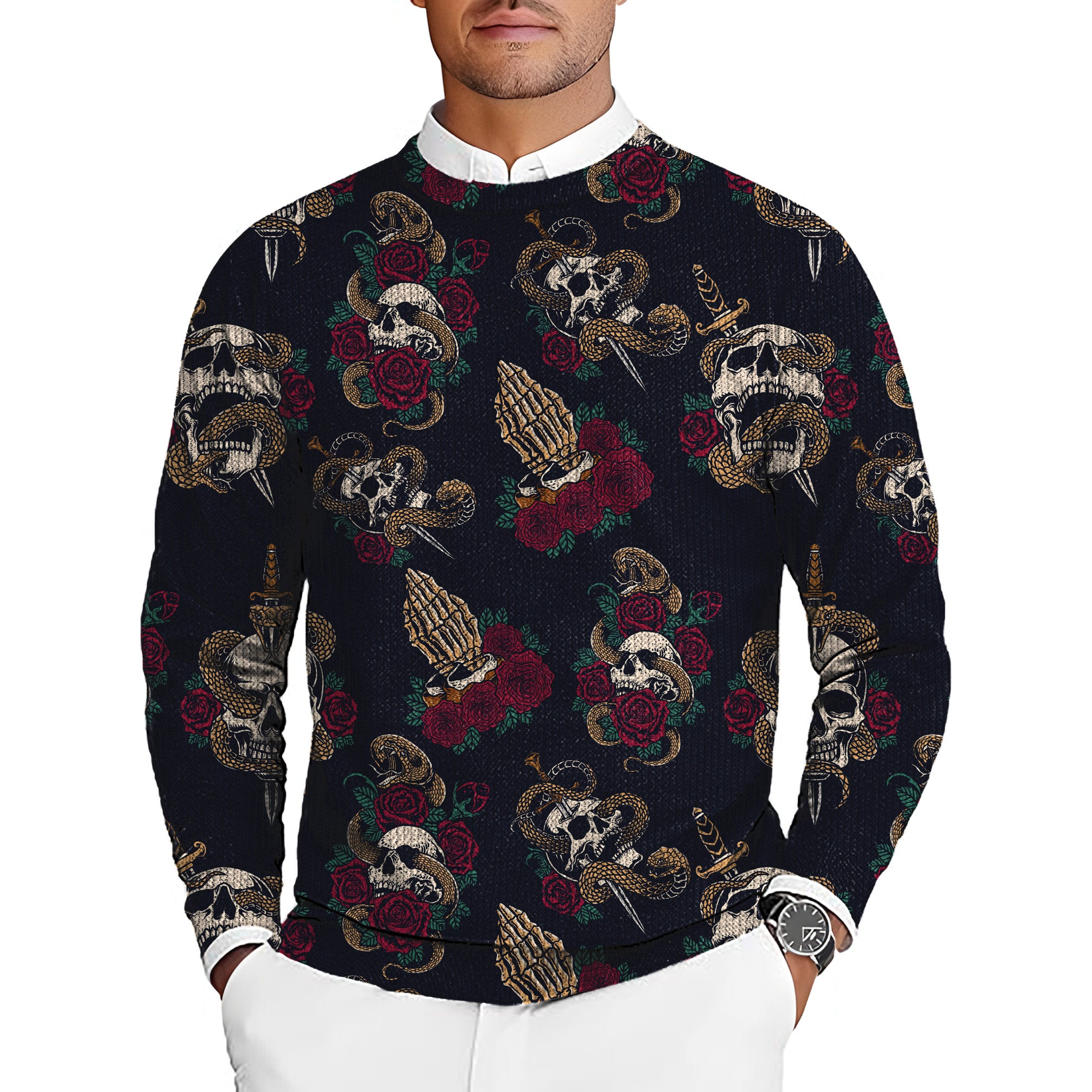 Halloween Snake Skeleton Men's Golf Crewneck Pullover Sweaters Ugly Sweater