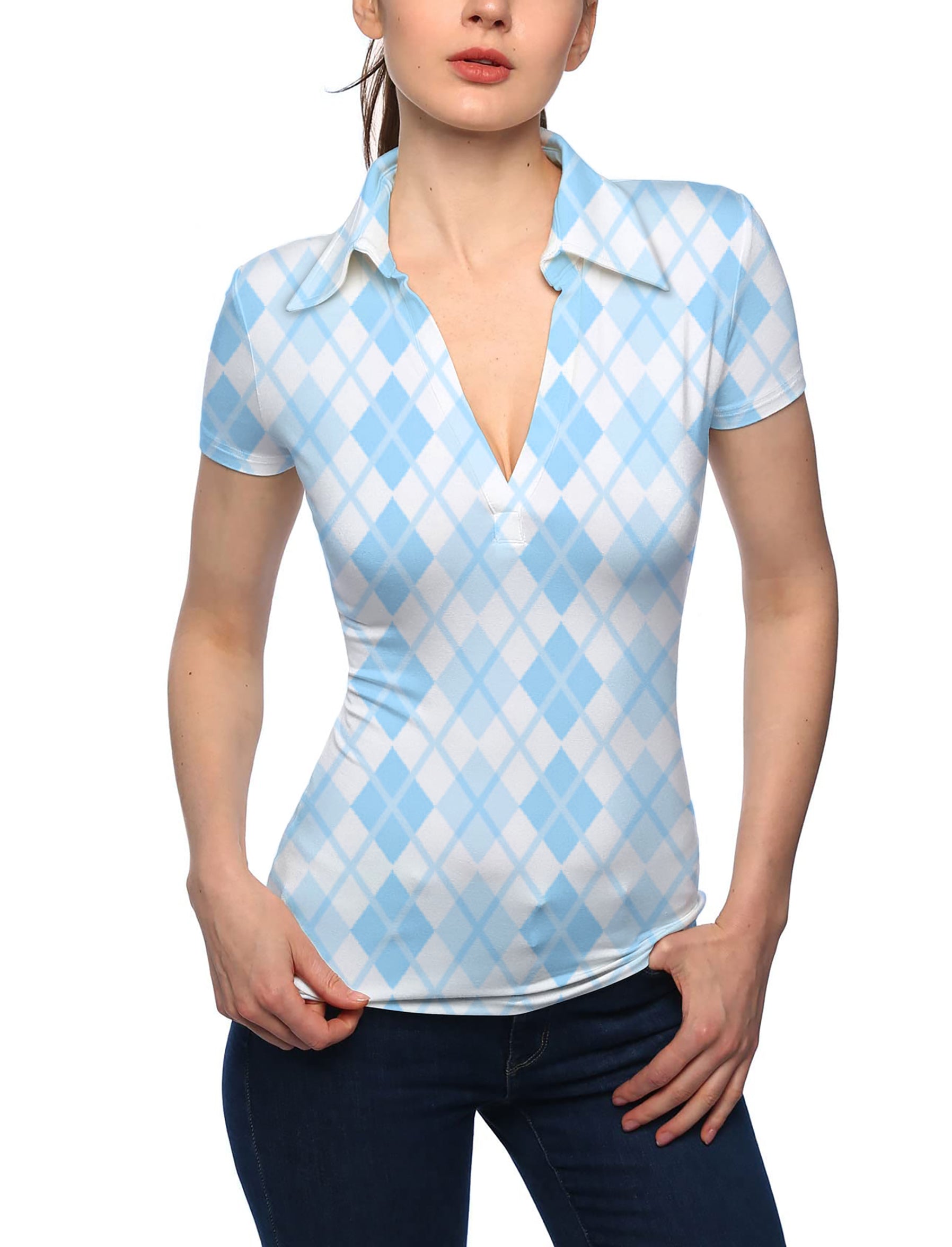 Women's Argyle bule grid V Neck Golf Polo
