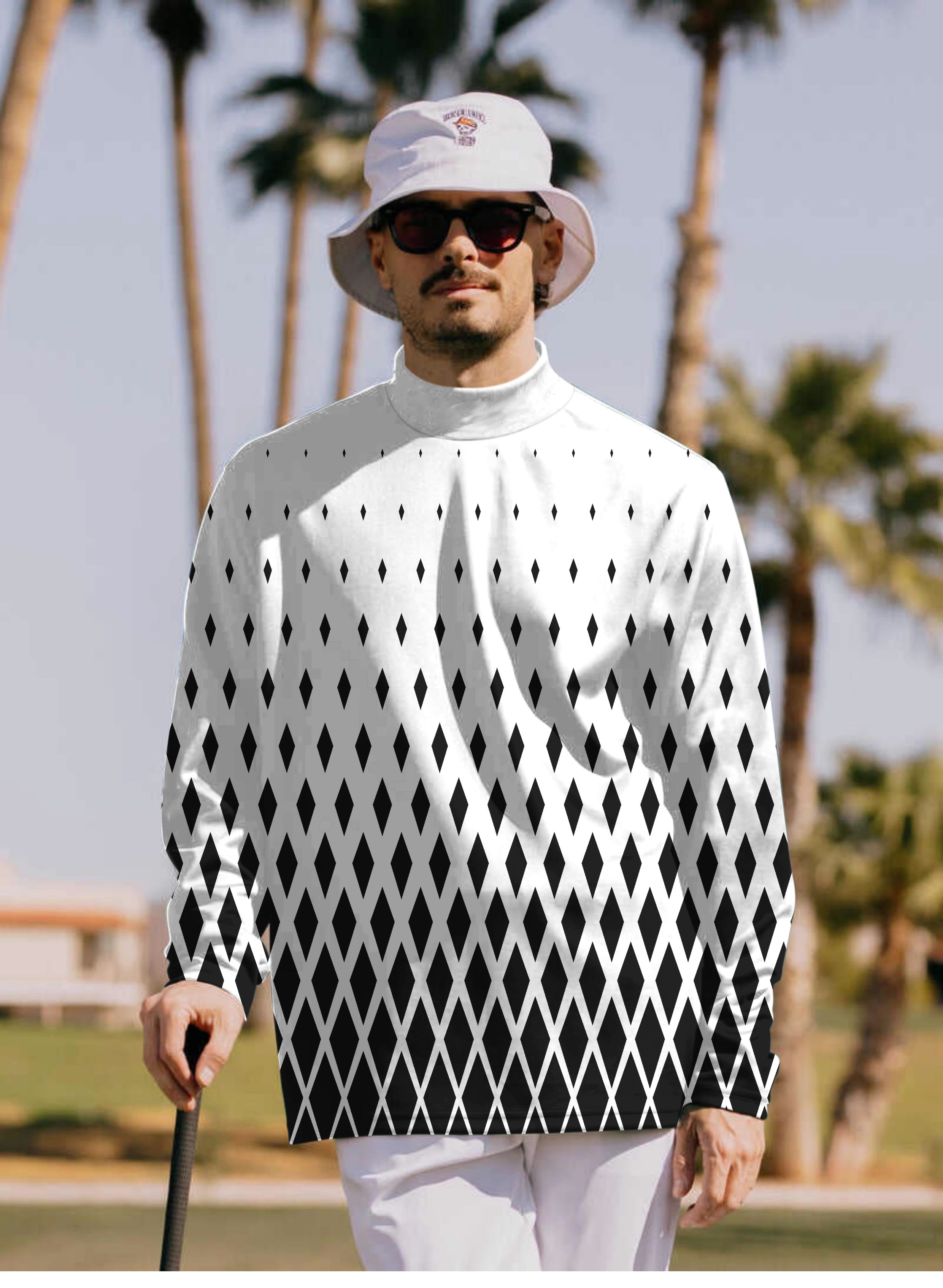 Men's White Black Gradient Pullover High neck Long/Short sleeve T-Shirt