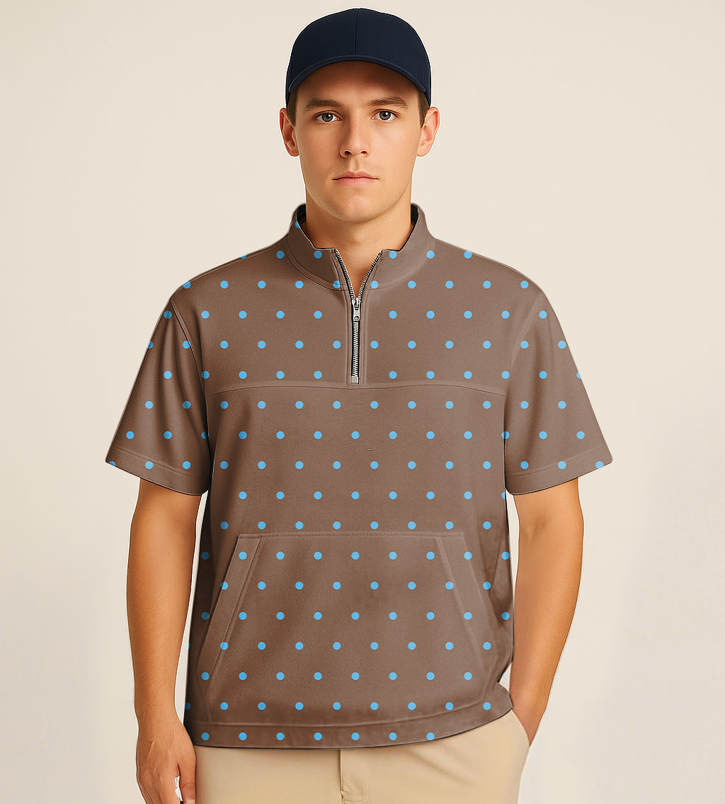 Men's Short Sleeve Quarter Zip Golf Pullover Brown Polka Dots Embroidery