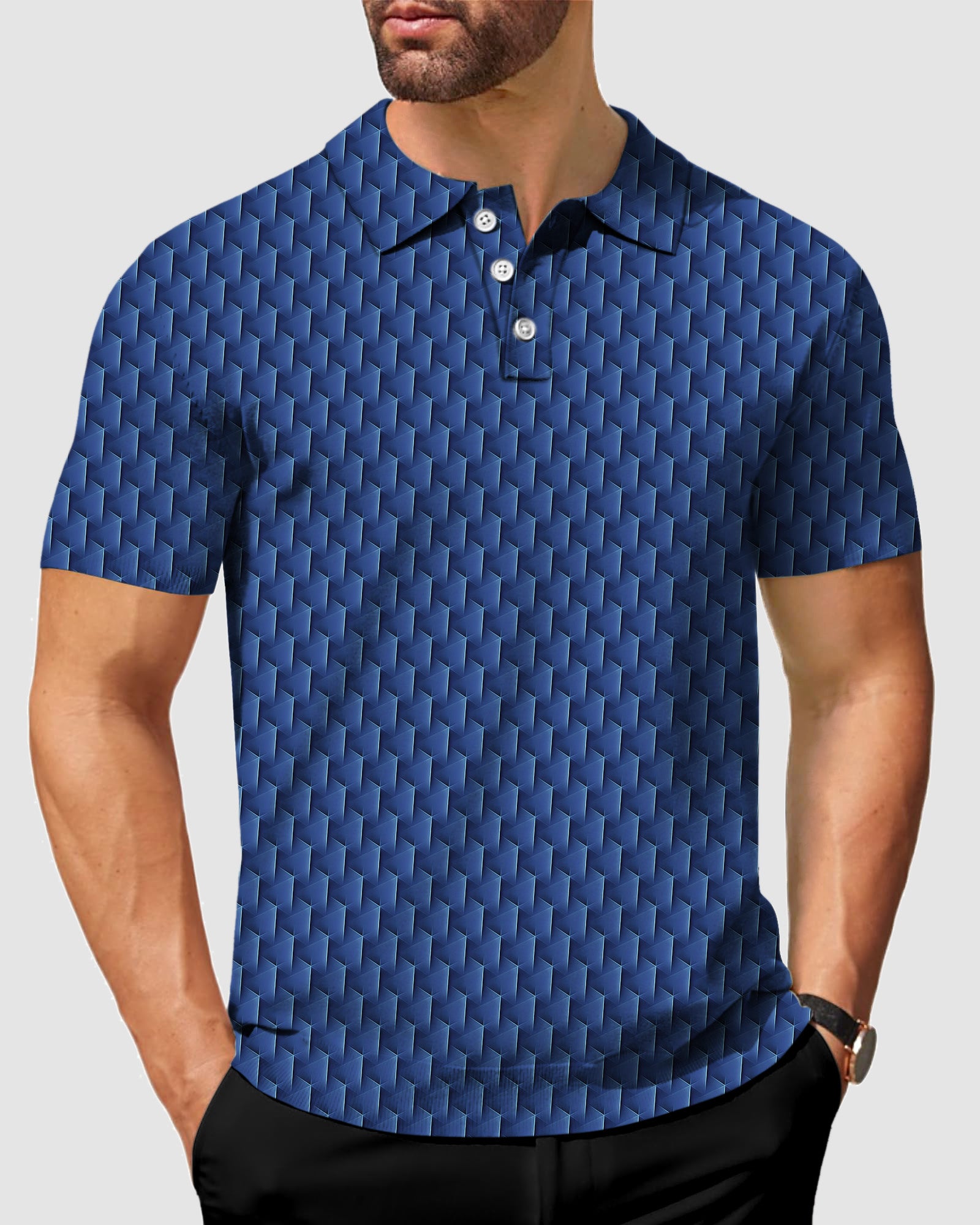 Men's 3D Blue grid golf polo