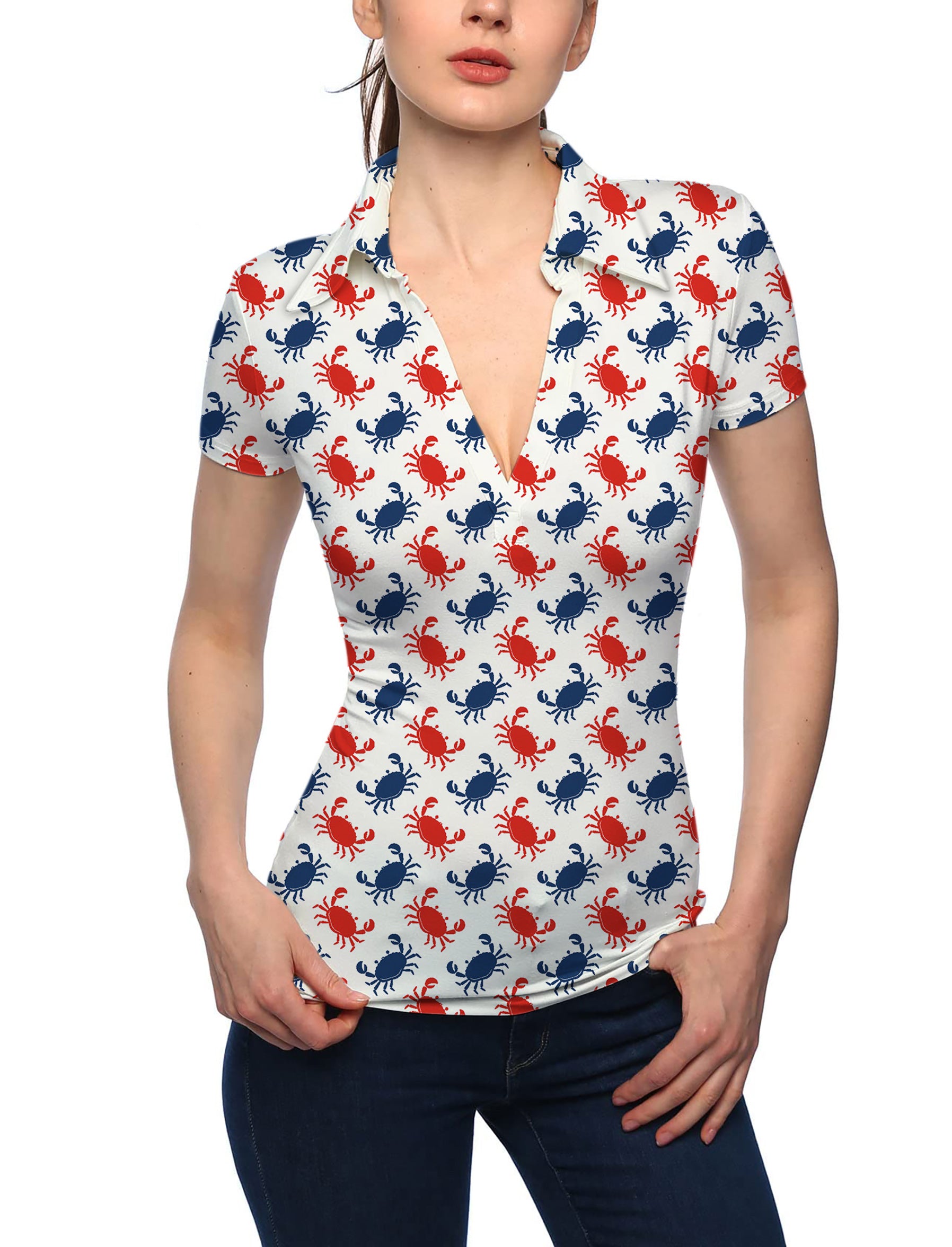 Women's Blue and red Crab V Neck Golf Polo