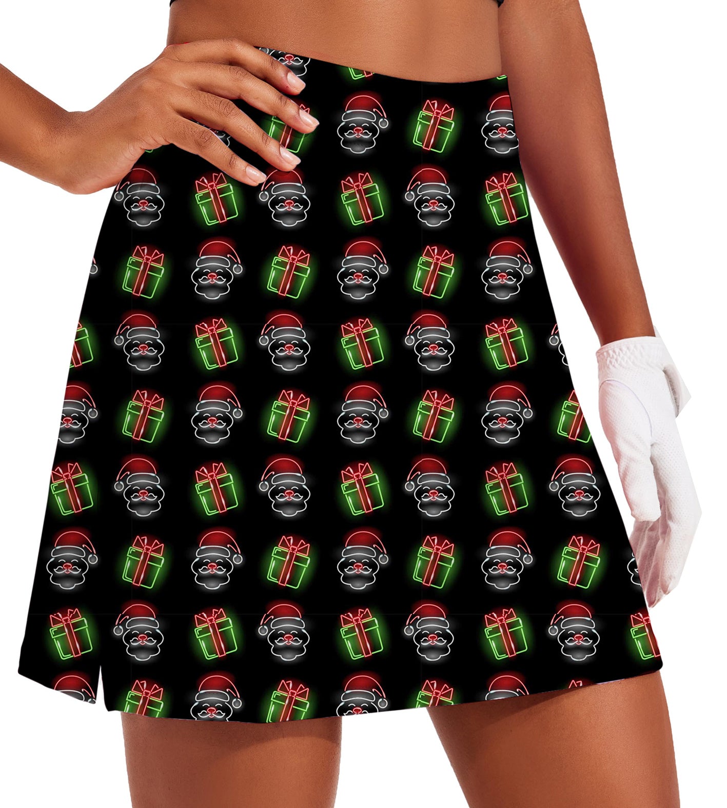 Women's Neon Santa's Gifts Golf Skirts Inner Shorts Pocket