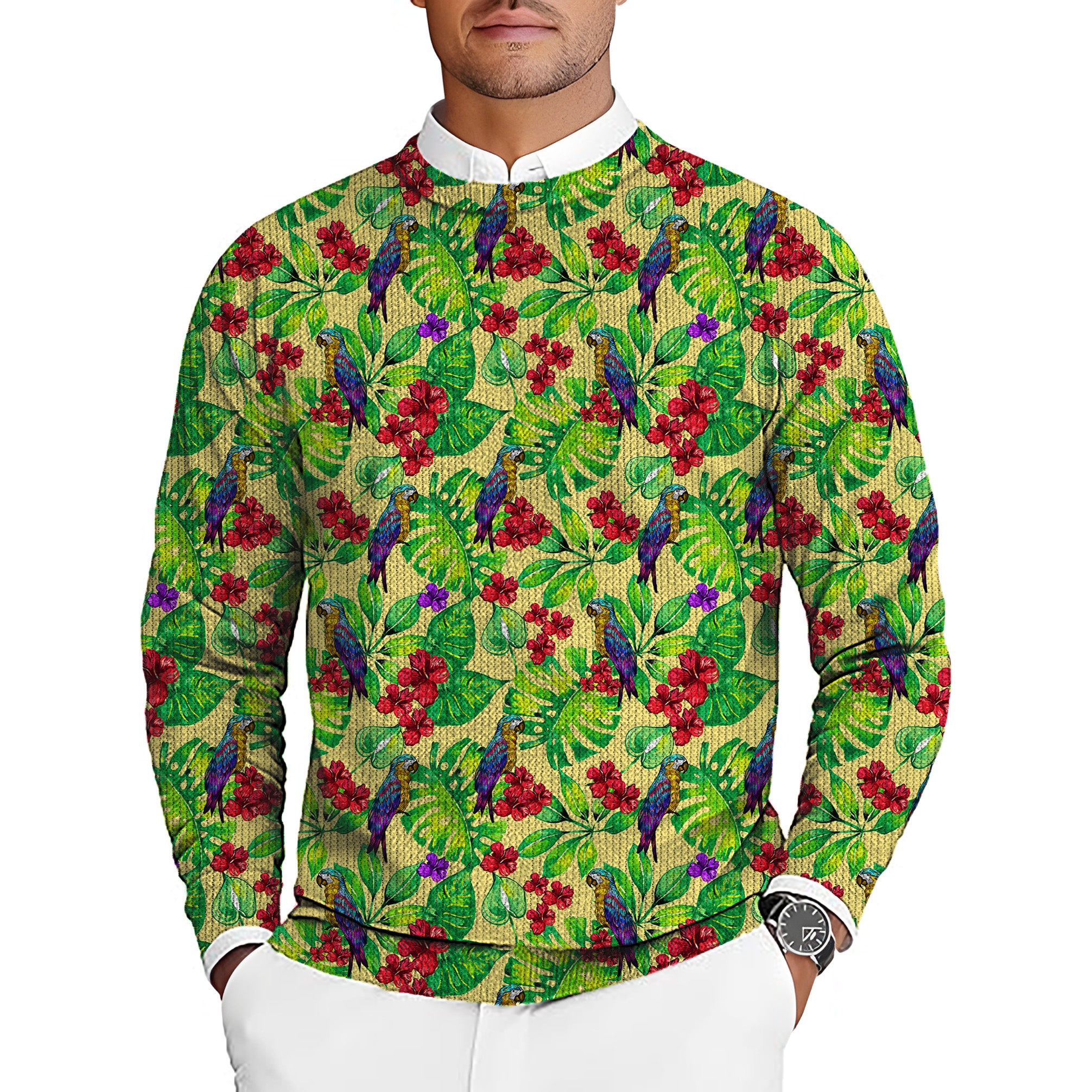 Toucan tropical flowers Men's Golf Crewneck Pullover Sweaters Ugly Sweater