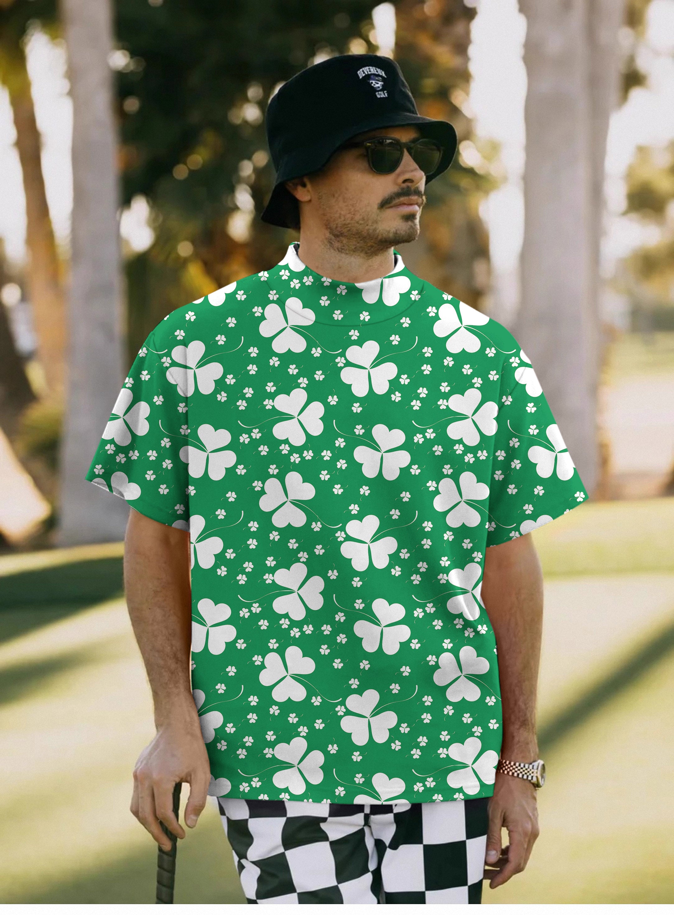 Men's Leaf clover St. Patrick's Day Pullover High neck Long/Short sleeve T-Shirt