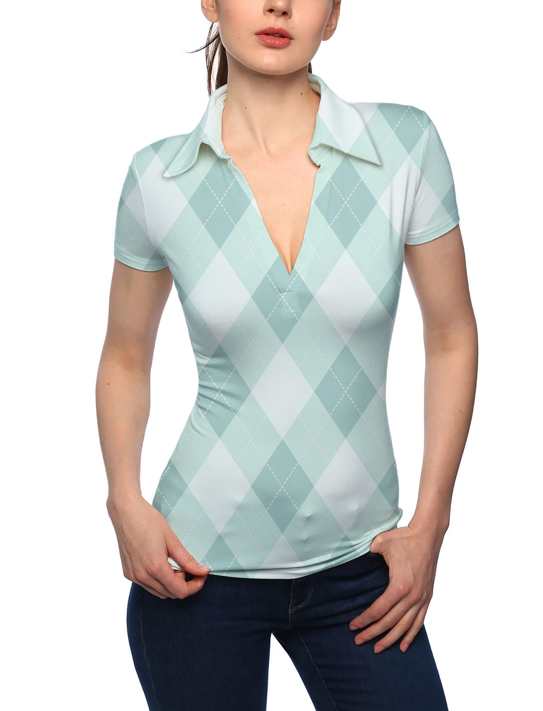 Women's Green Argyle V Neck Golf Polo