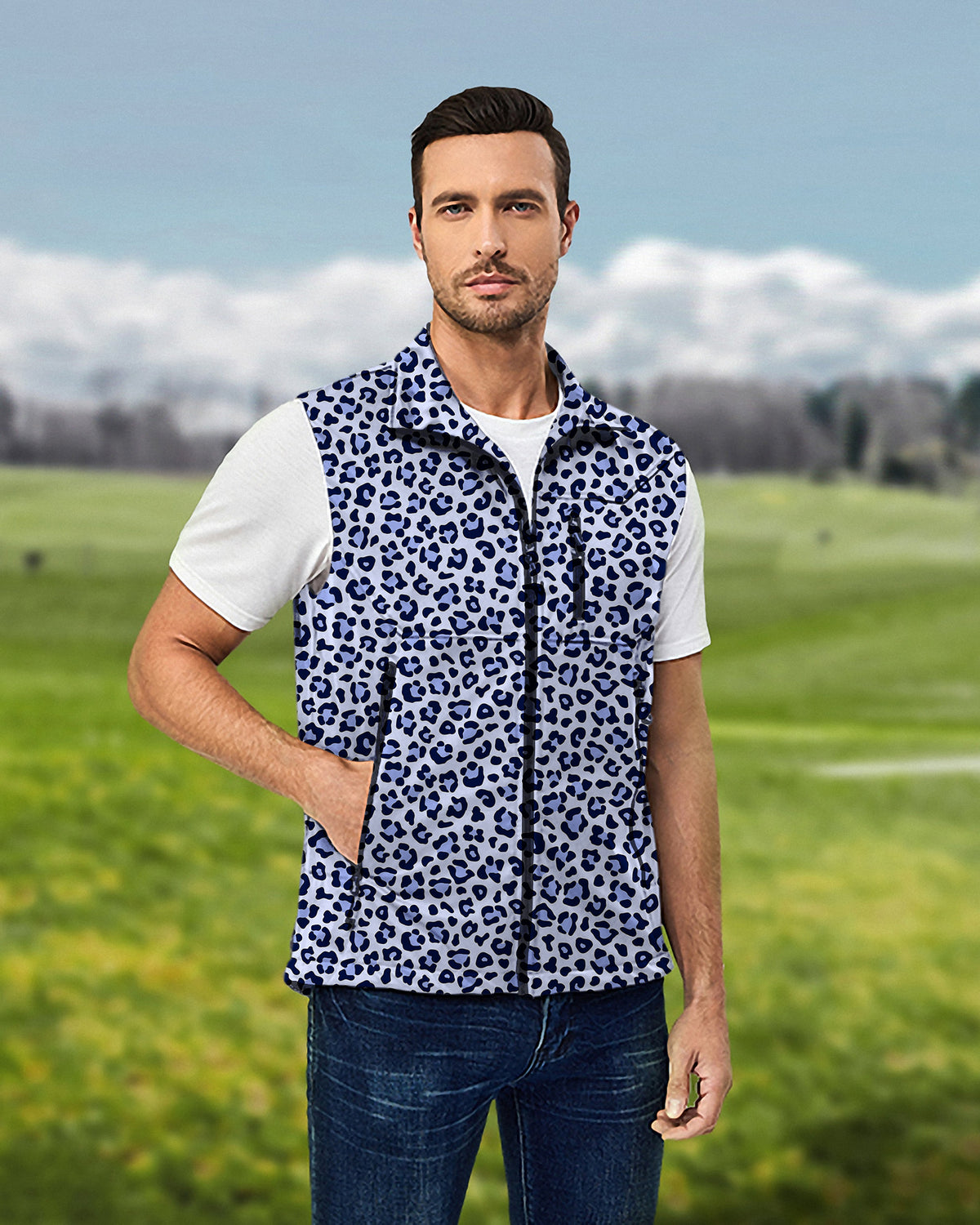 Men's purple leopard print Lightweight Softshell Vest Sleeveless Jacket for Golf Windproof Waterproof