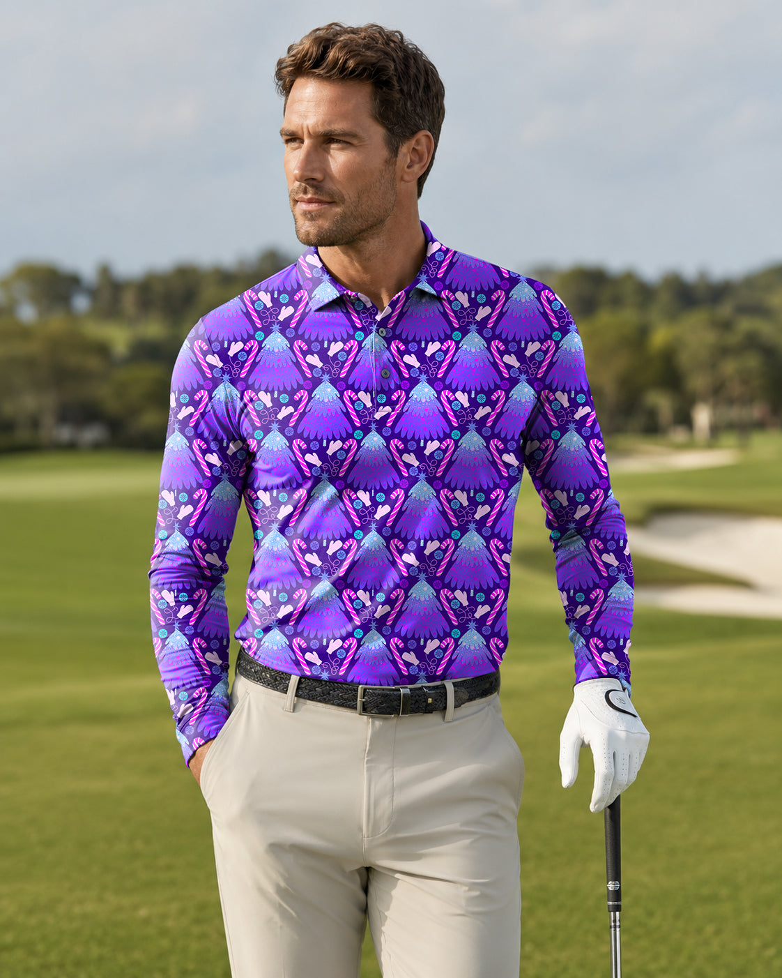 Men's Magical Christmas Tree Long-sleeved Polo