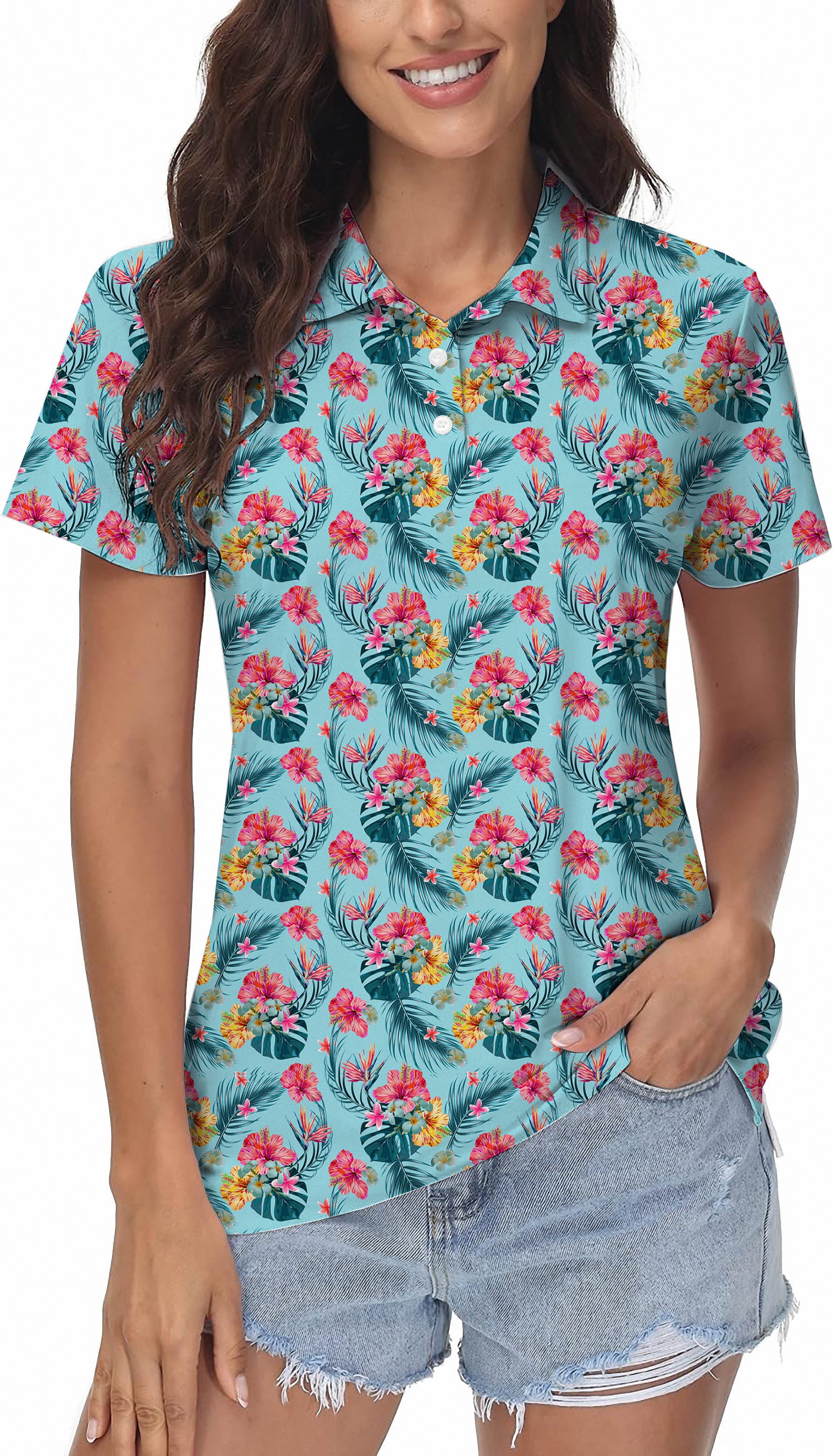 Women's Red tropical flowers Golf Polo