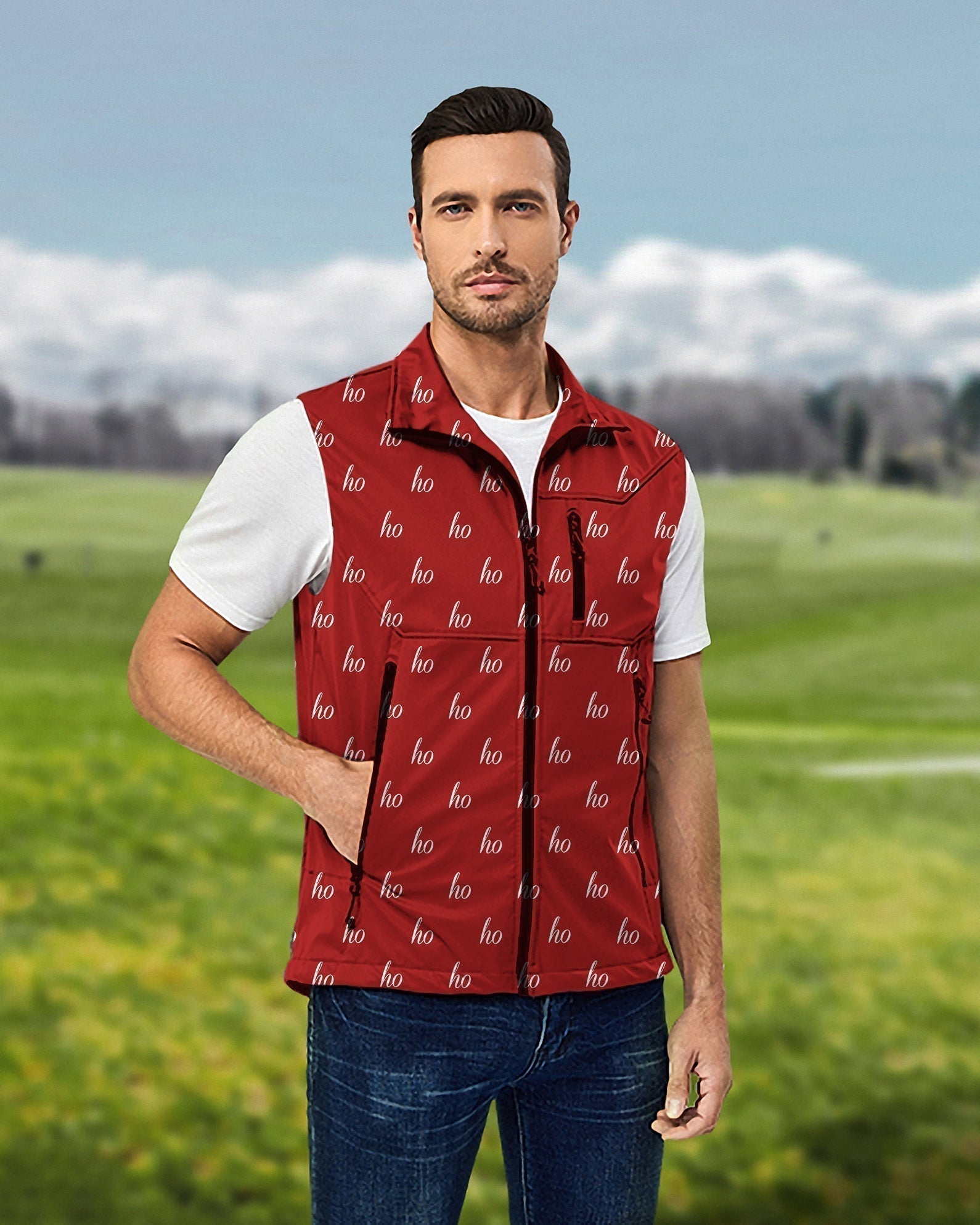 Men's red custom name Christmas softshell vest sleeveless windproof waterproof jacket for golf