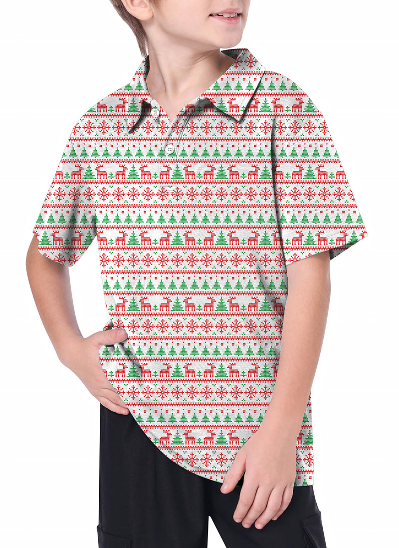 Youth Golf Polo with red and blue Christmas tree pattern, moisture-wicking, anti-odor, and UPF 40+ protection