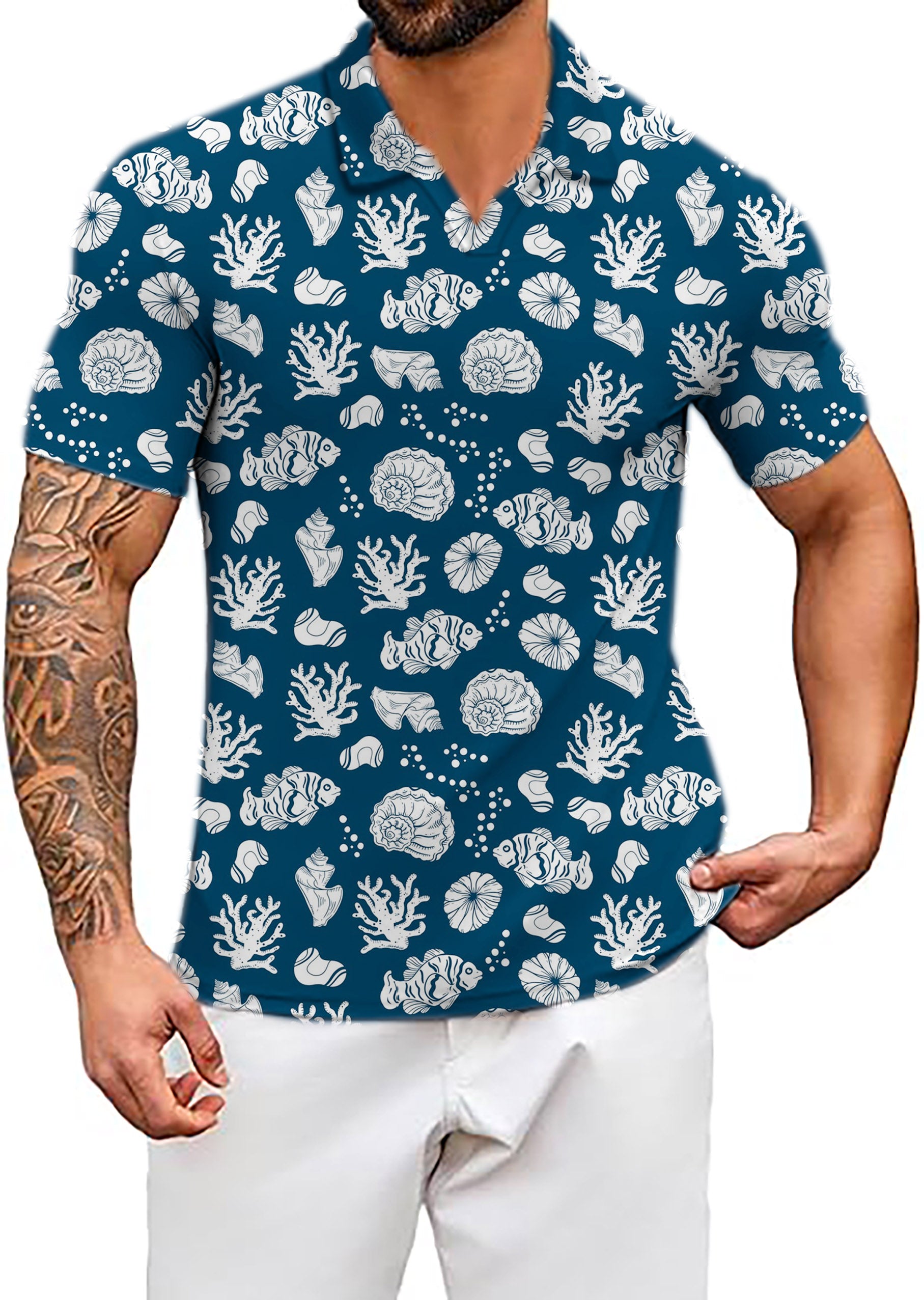 Men's Tropical Fish V Neck Golf Polo Shirts