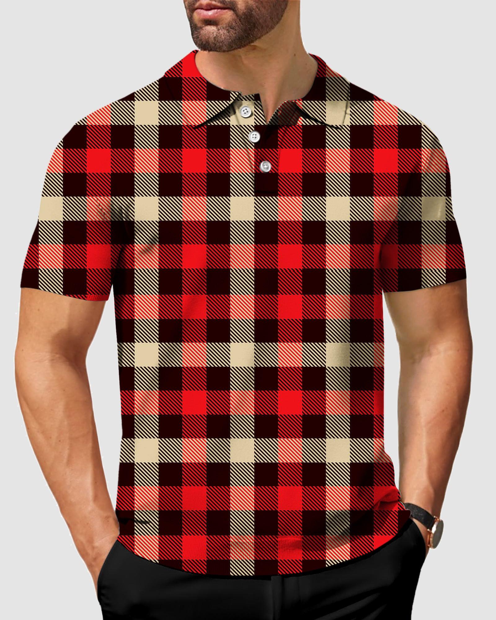 Men's Red grid golf polo