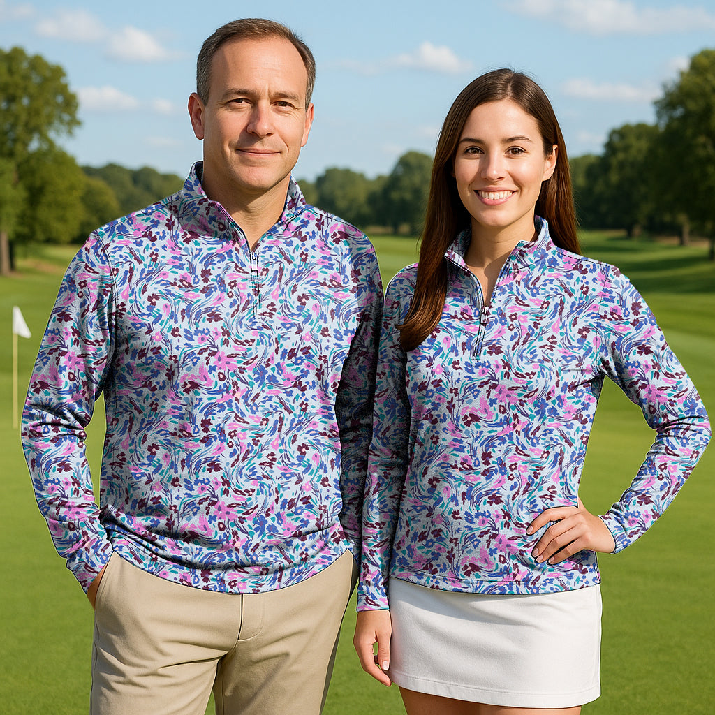 Flower Twist couple golf active 3/4 zip top long sleeves in floral pattern on male and female models outdoors
