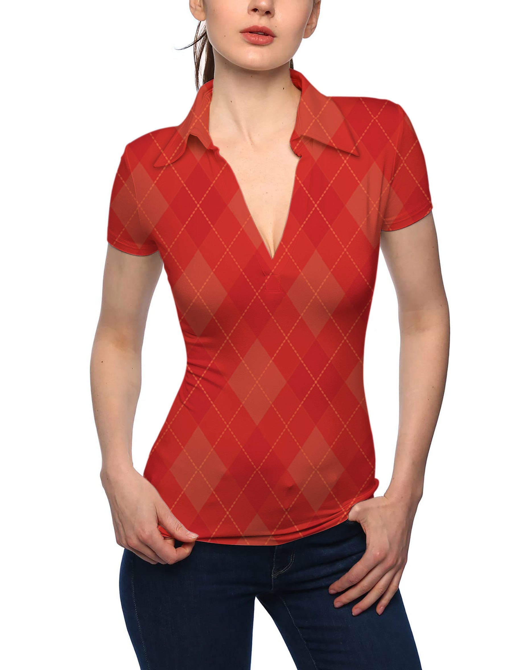 Women's red Argyle V Neck Golf Polo