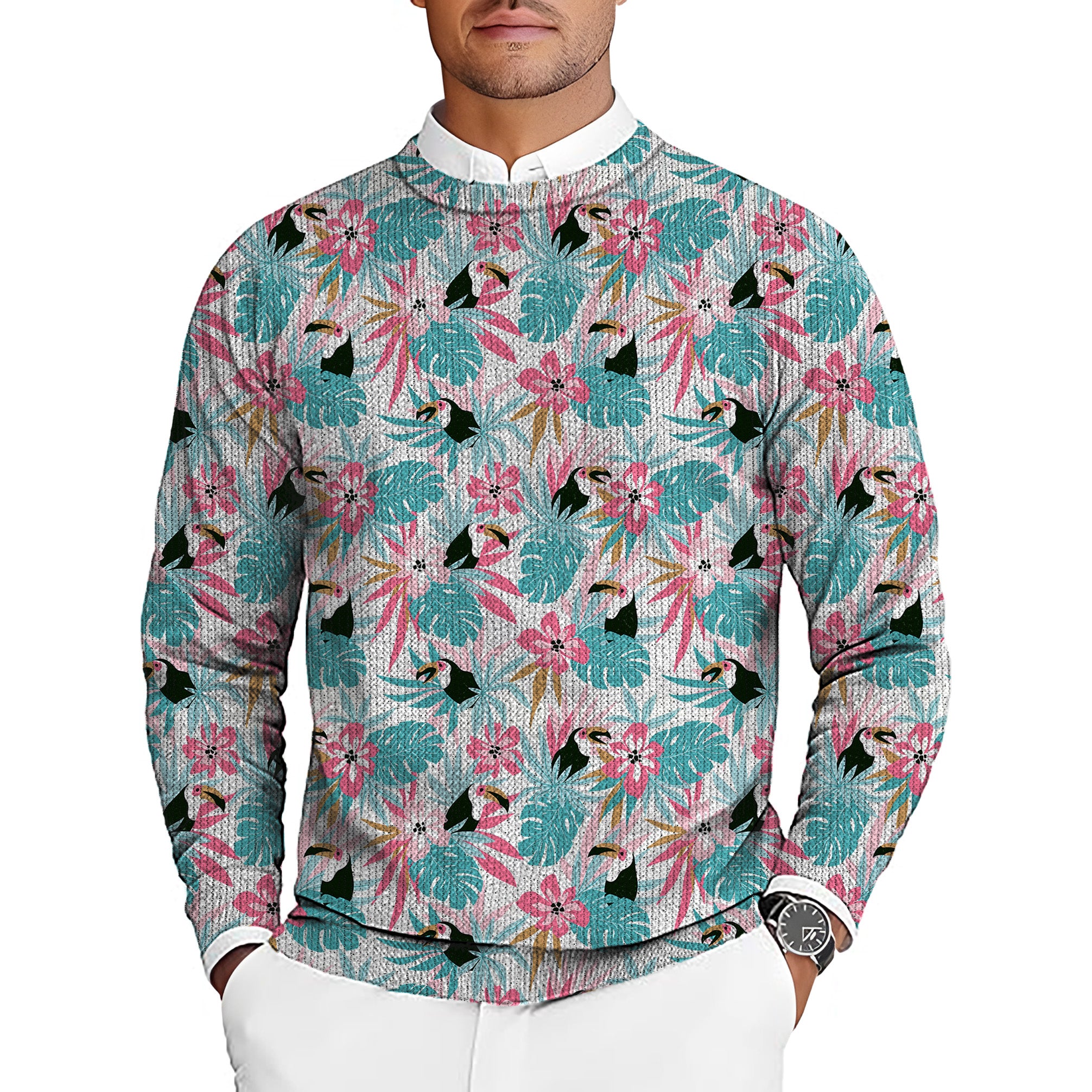Floral Toucan Men's Golf Crewneck Pullover Sweaters Ugly Sweater