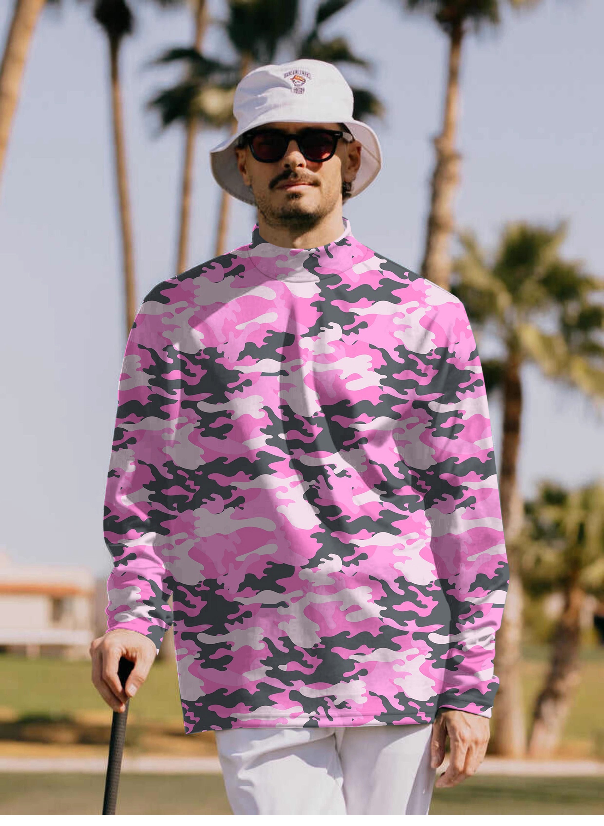 Men s Pink Camo Pullover High neck Long Short sleeve T Shirt