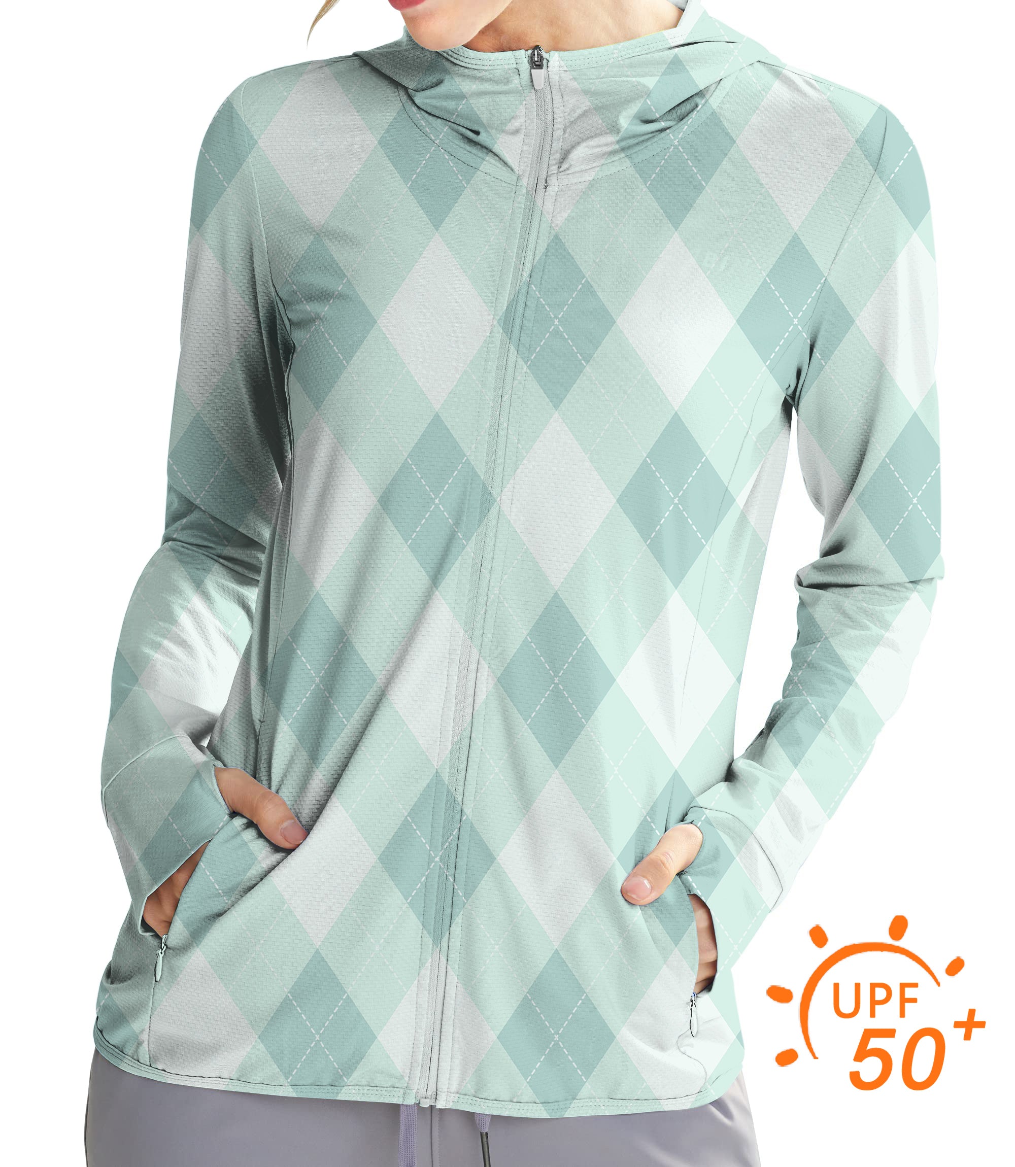 Women's Outdoor Green Argyle Golf Sun Protection Slim Fit zip hoodies