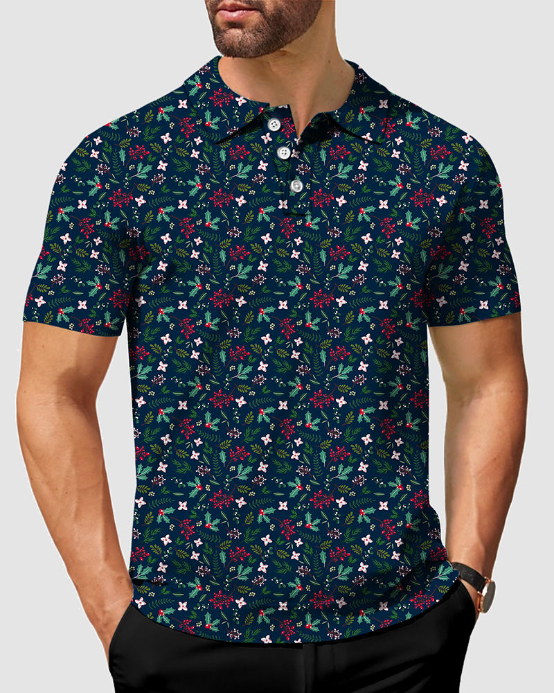 Men's Christmas holly polo shirt with festive holly print, four-way stretch, moisture-wicking fabric, and classic fit