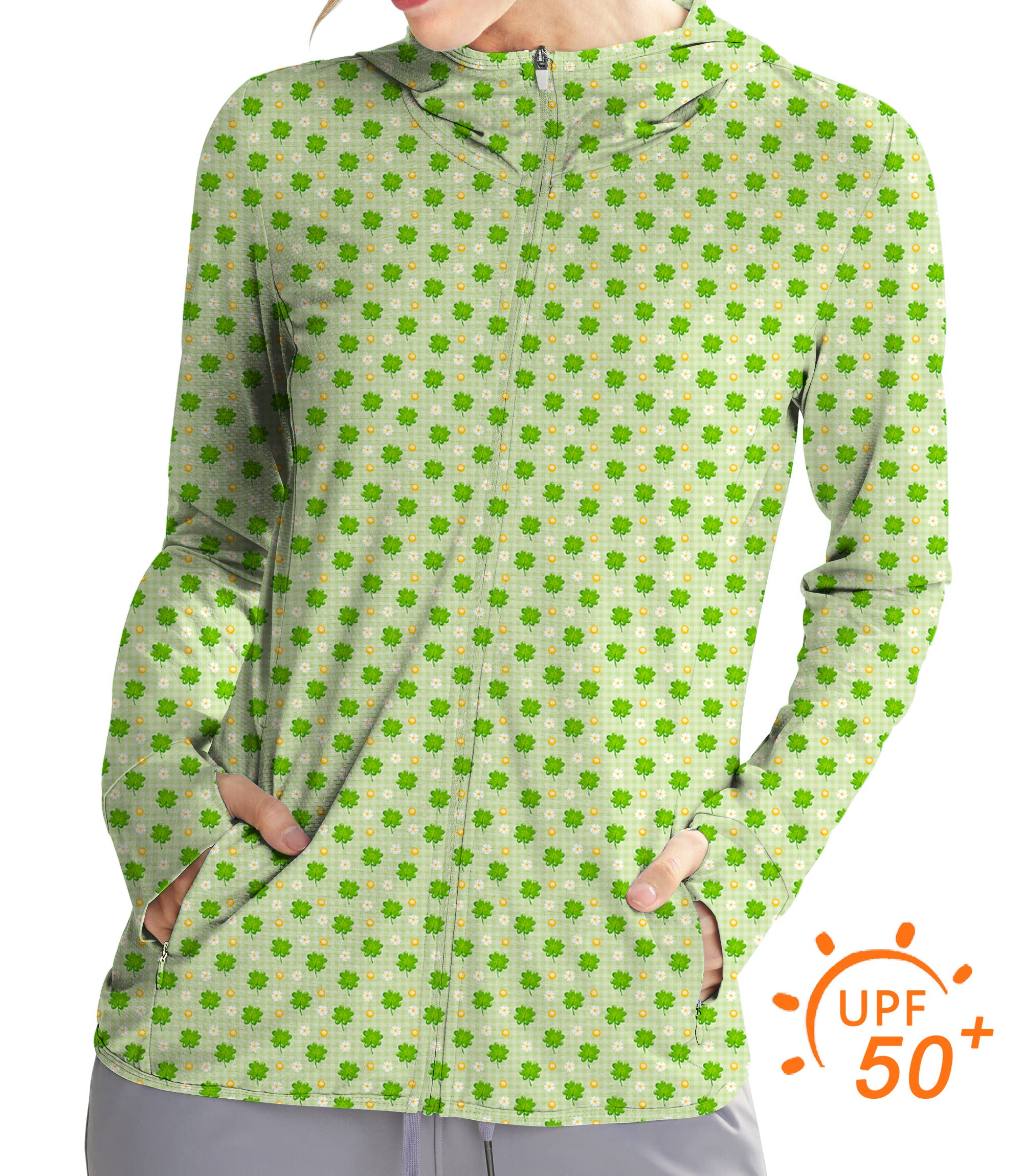 Women's Outdoor Leaf clover St. Patrick's Day Golf Sun Protection Slim Fit zip hoodies