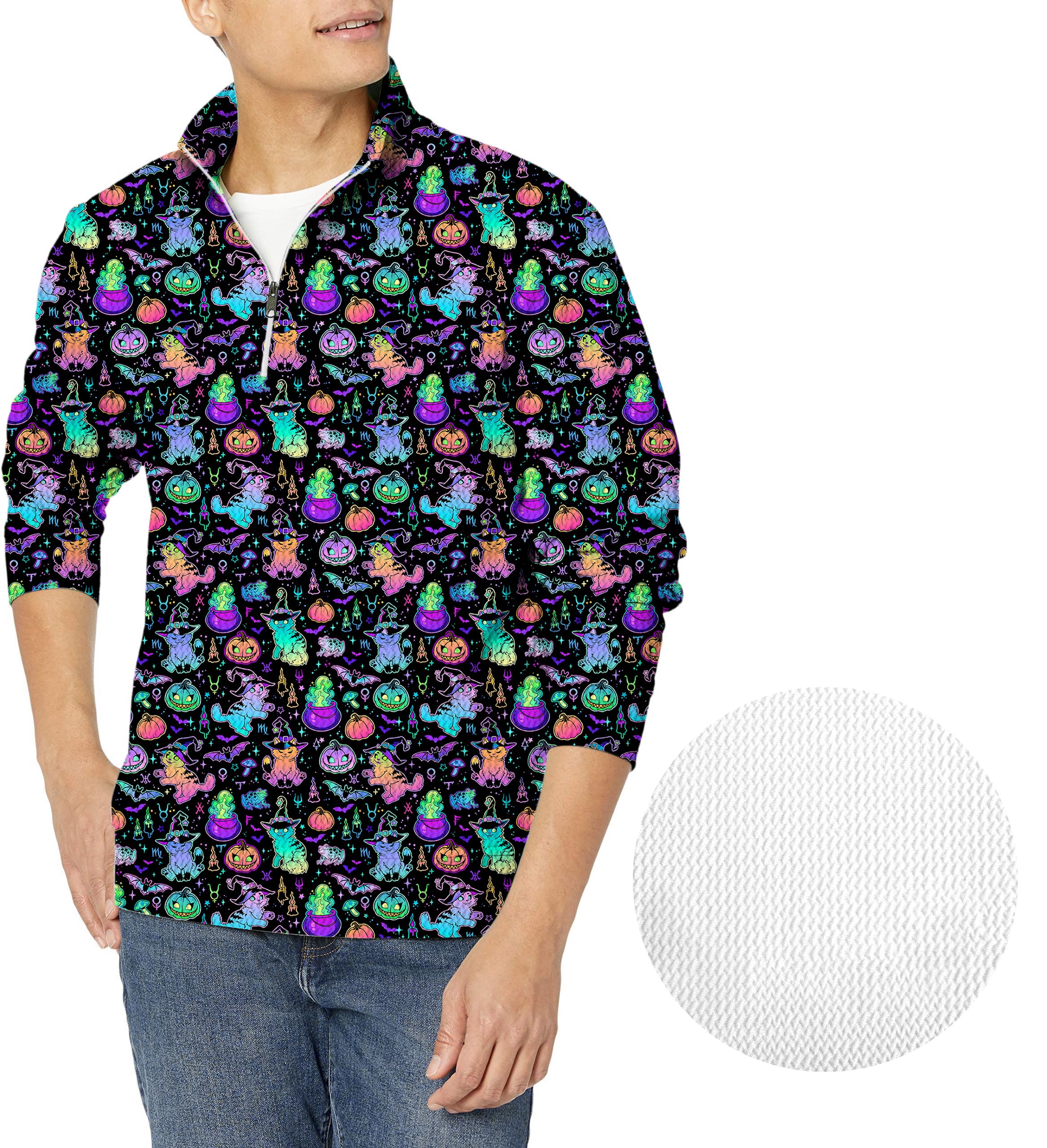 Halloween Constellation Cat Men's Golf Waffle Zipper Pullover