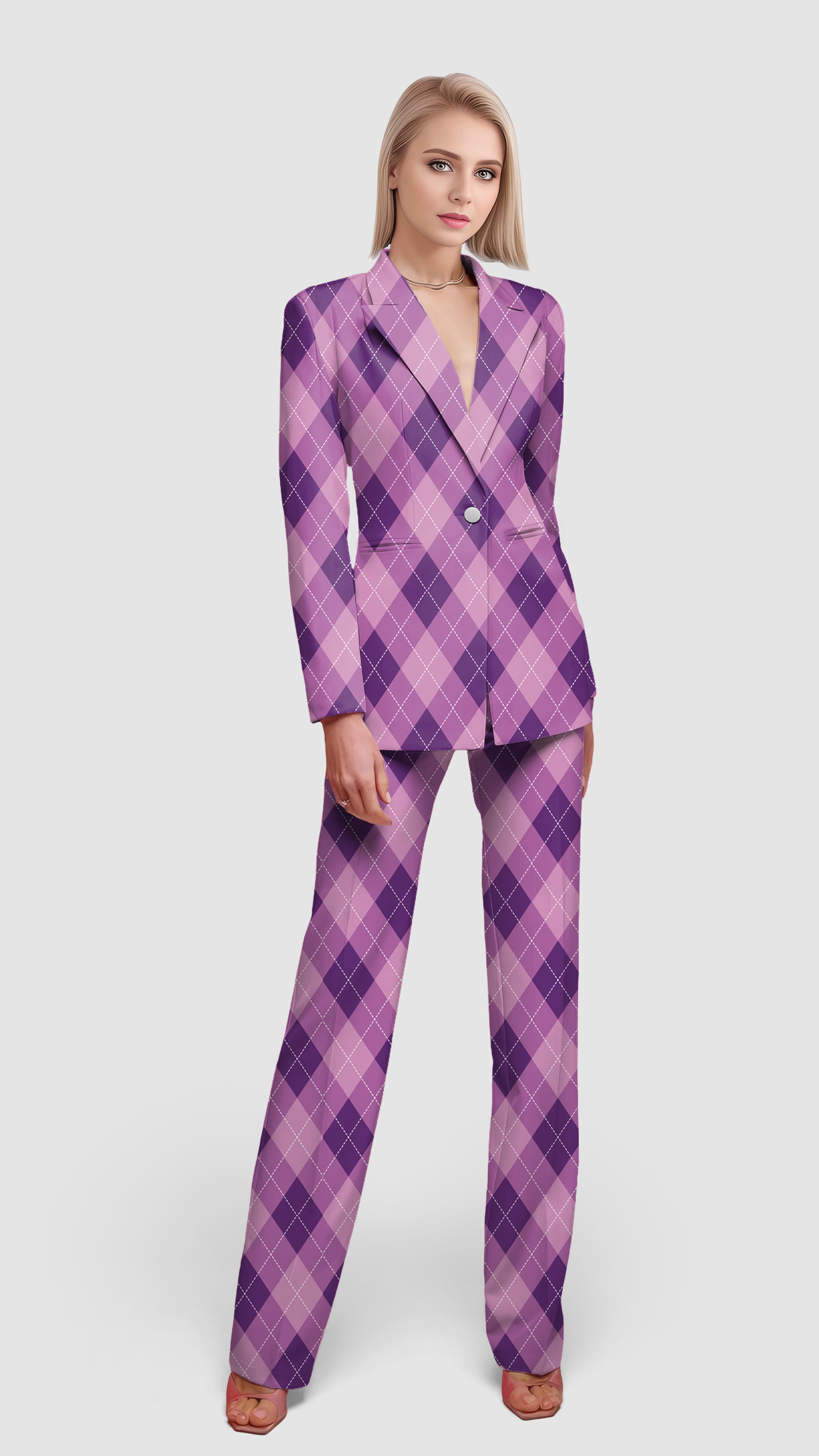 purple Argyle-Women's Blazer Casual Work Office Blazer Suit set