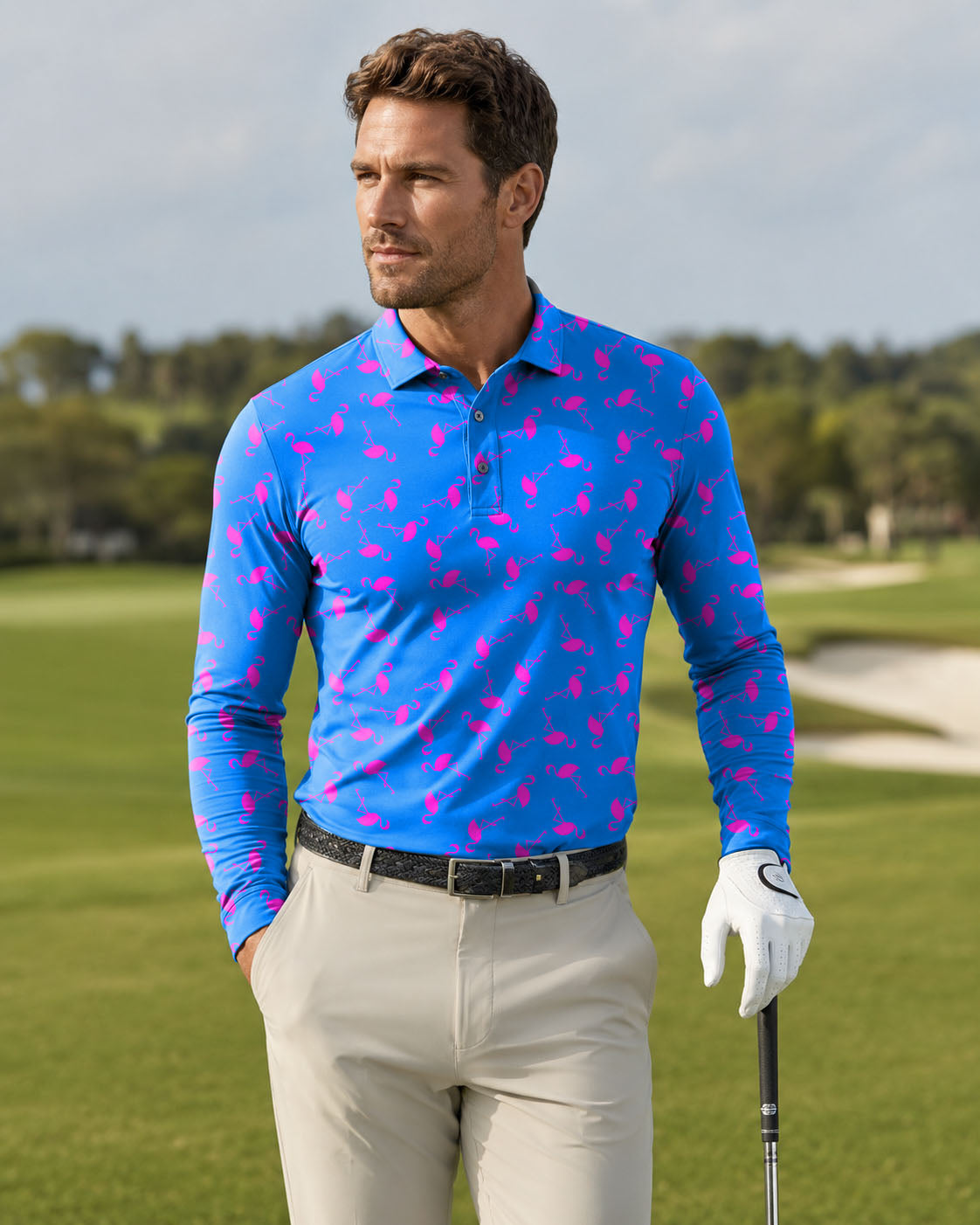 Men's Blue flamingo Long-sleeved Polo
