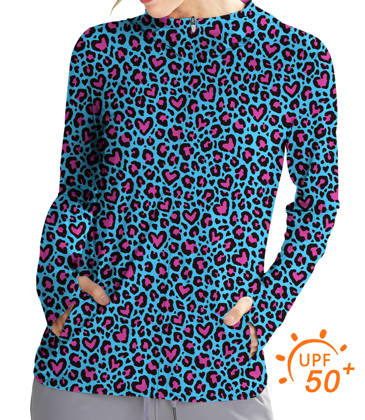 Women's Outdoor Pink leopard print Golf Sun Protection Slim Fit zip hoodies