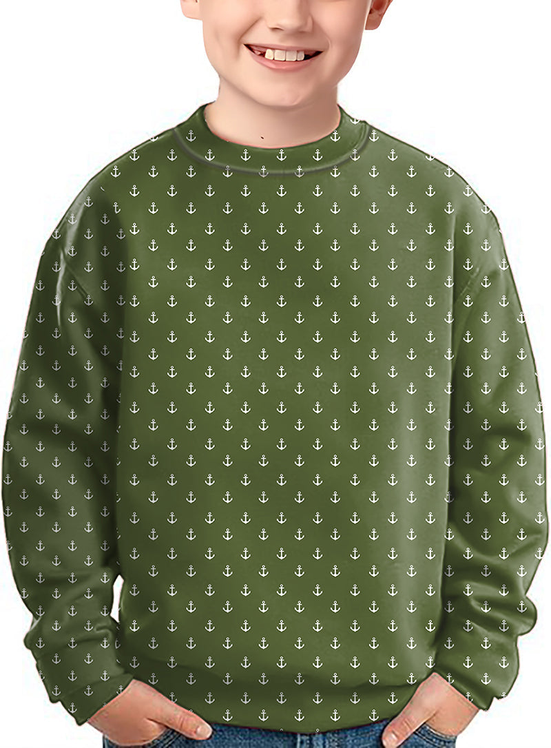 Olive green anchor print kids crewneck pullover sweater