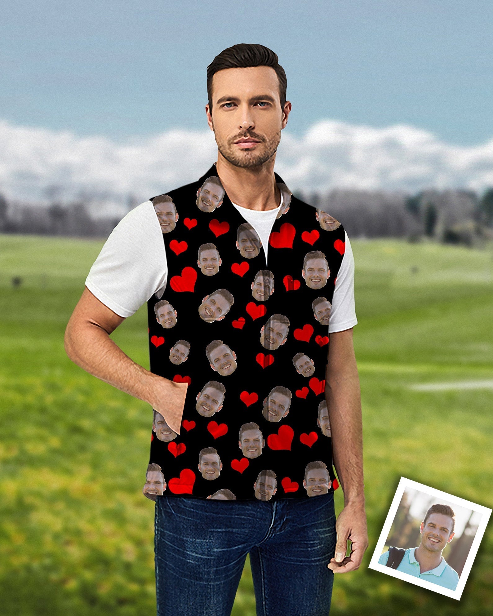 Men's custom red heart photo sleeveless golf vest windproof waterproof lightweight jacket