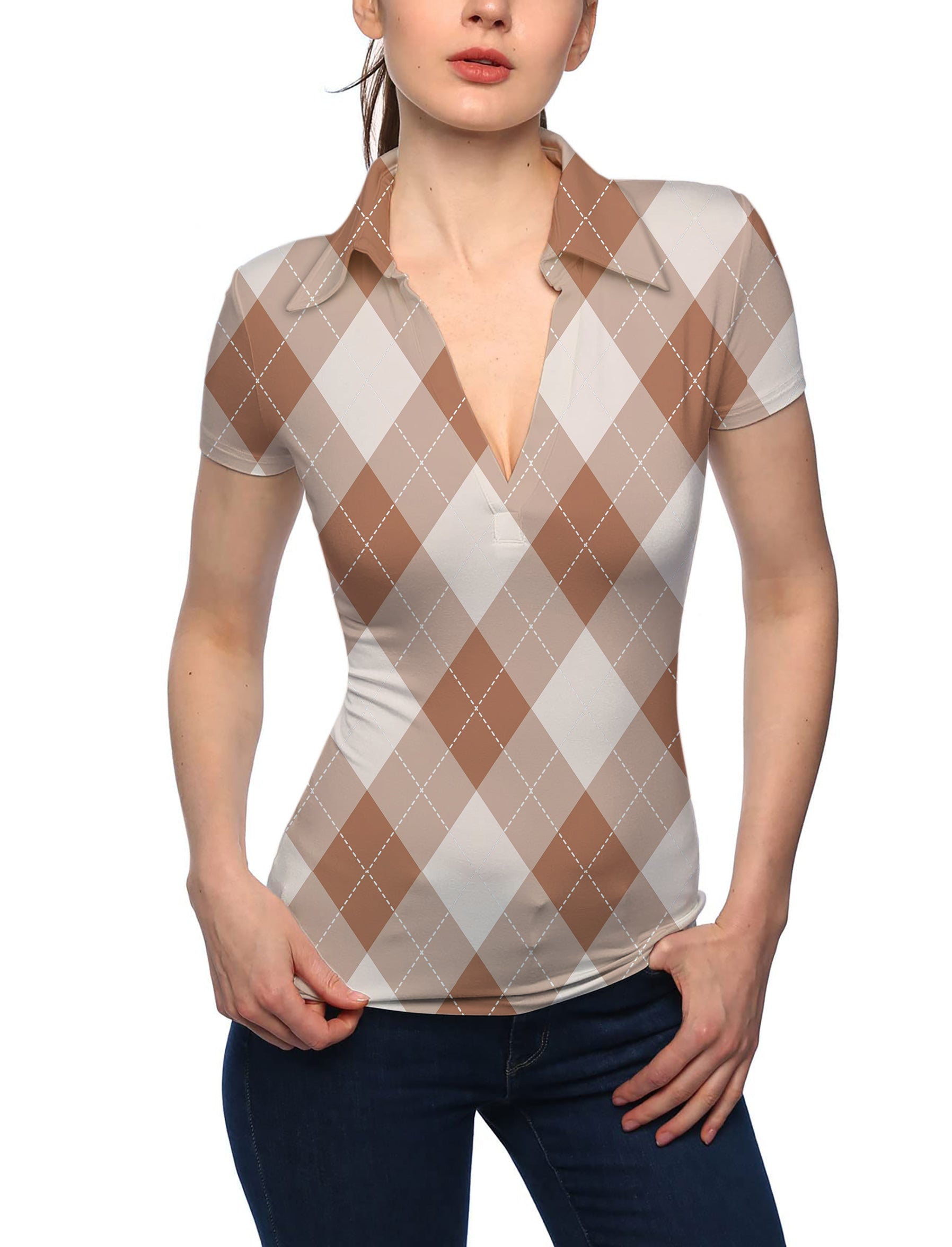 Women's brown Argyle V Neck Golf Polo