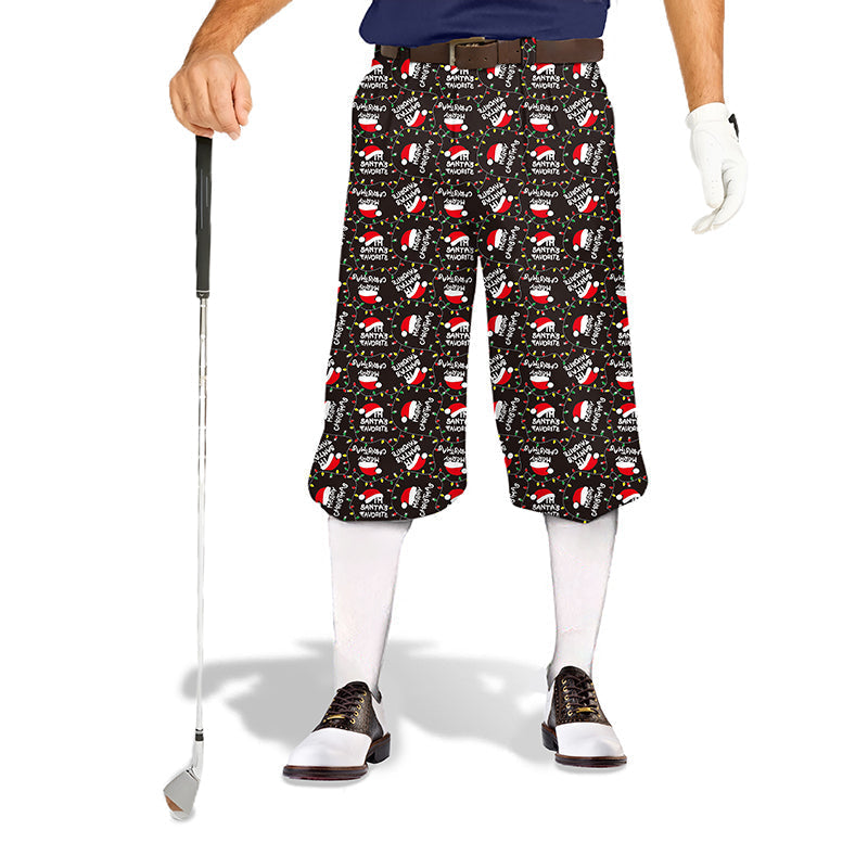 Men's black Christmas hat themed golf knickers with soft, breathable fabric and snug ankle cuffs for comfortable play