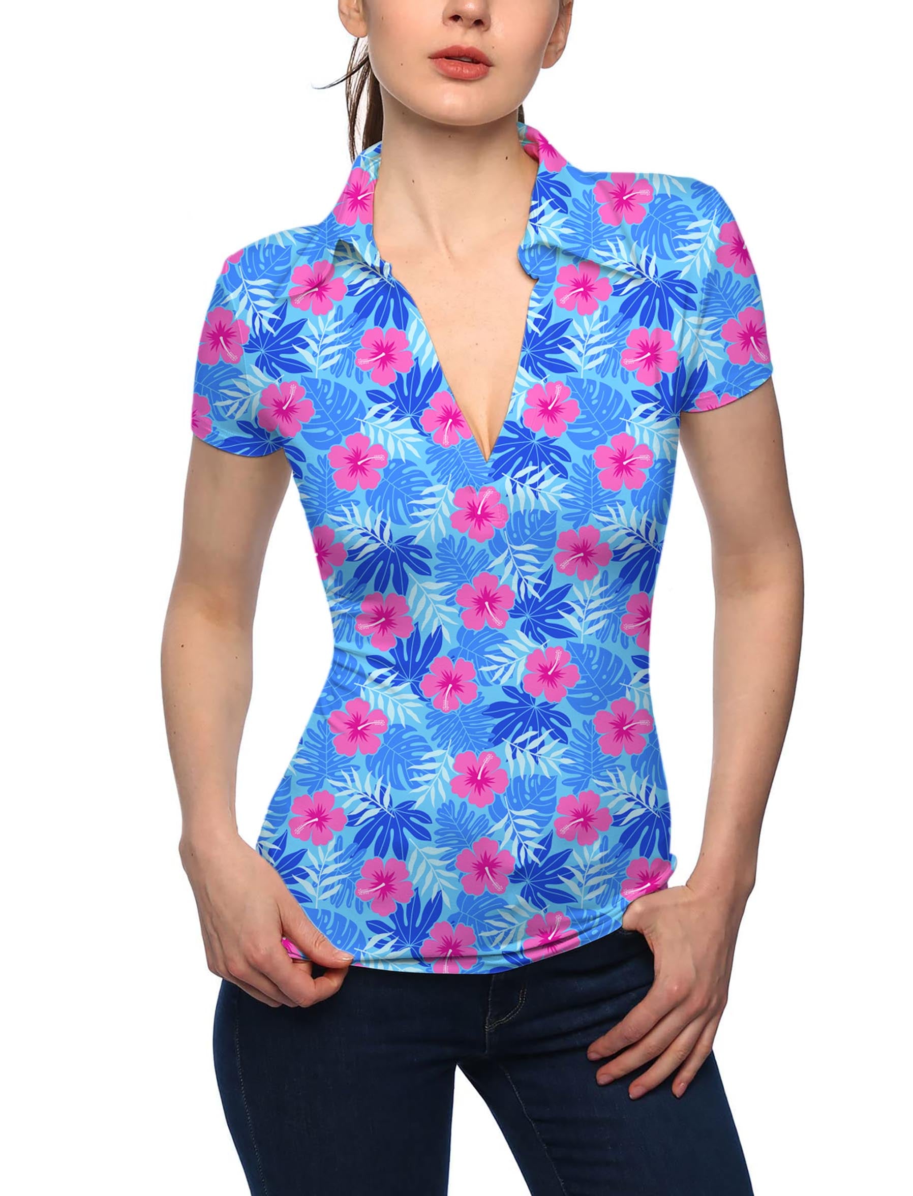 Women's Vivid Bloom flower V Neck Golf Polo