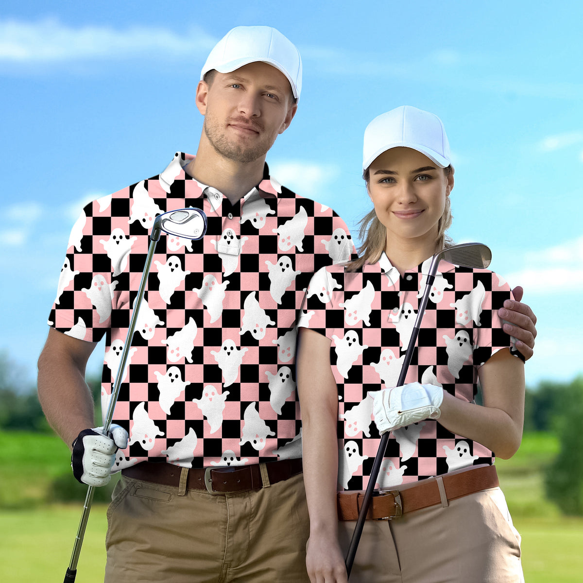 Couple Halloween Black and White Checkerboard Ghost set Golf Championship Trophy tournament
