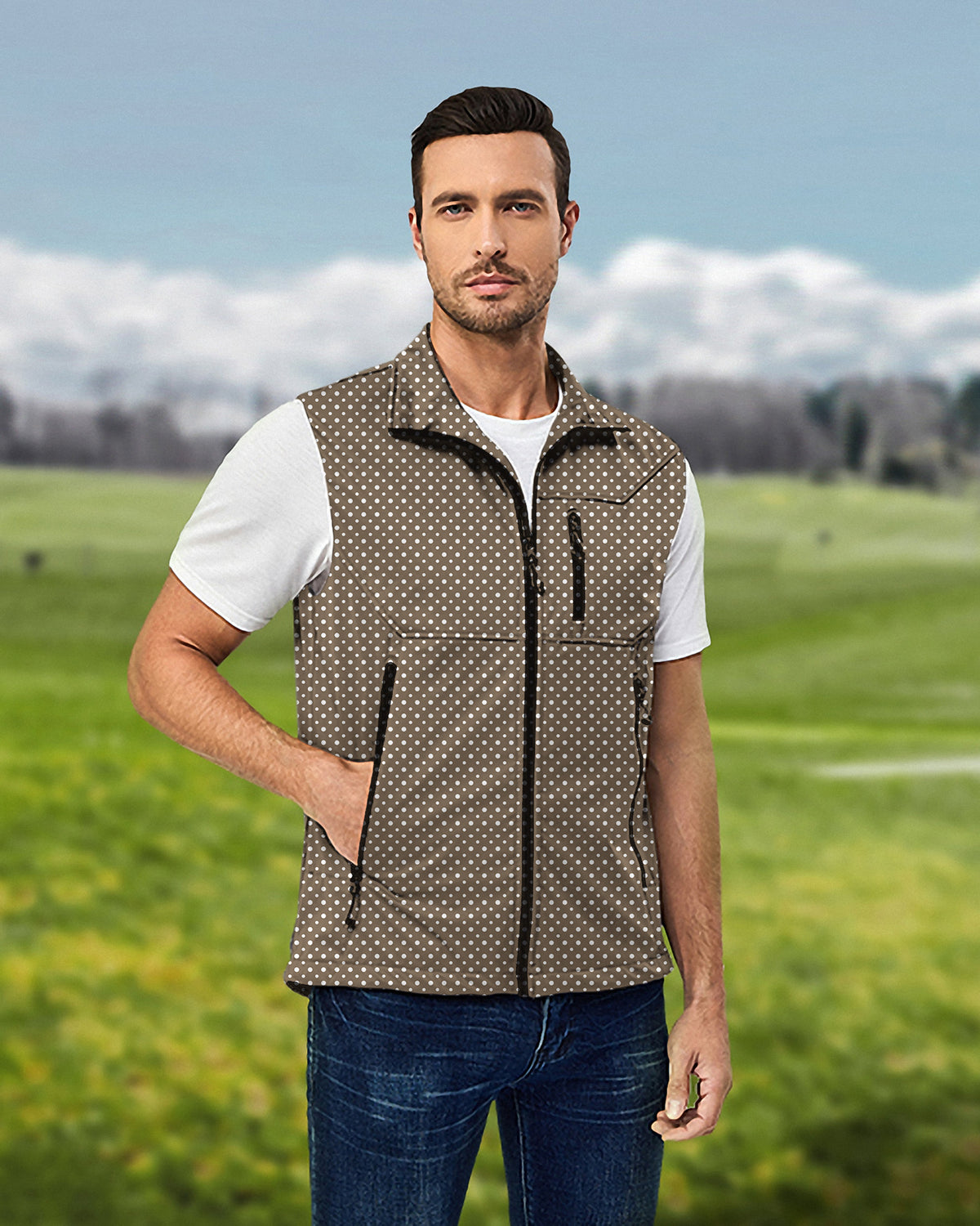 Men's white polka dot brown Lightweight Softshell Vest Sleeveless Jacket for Golf Windproof Waterproof
