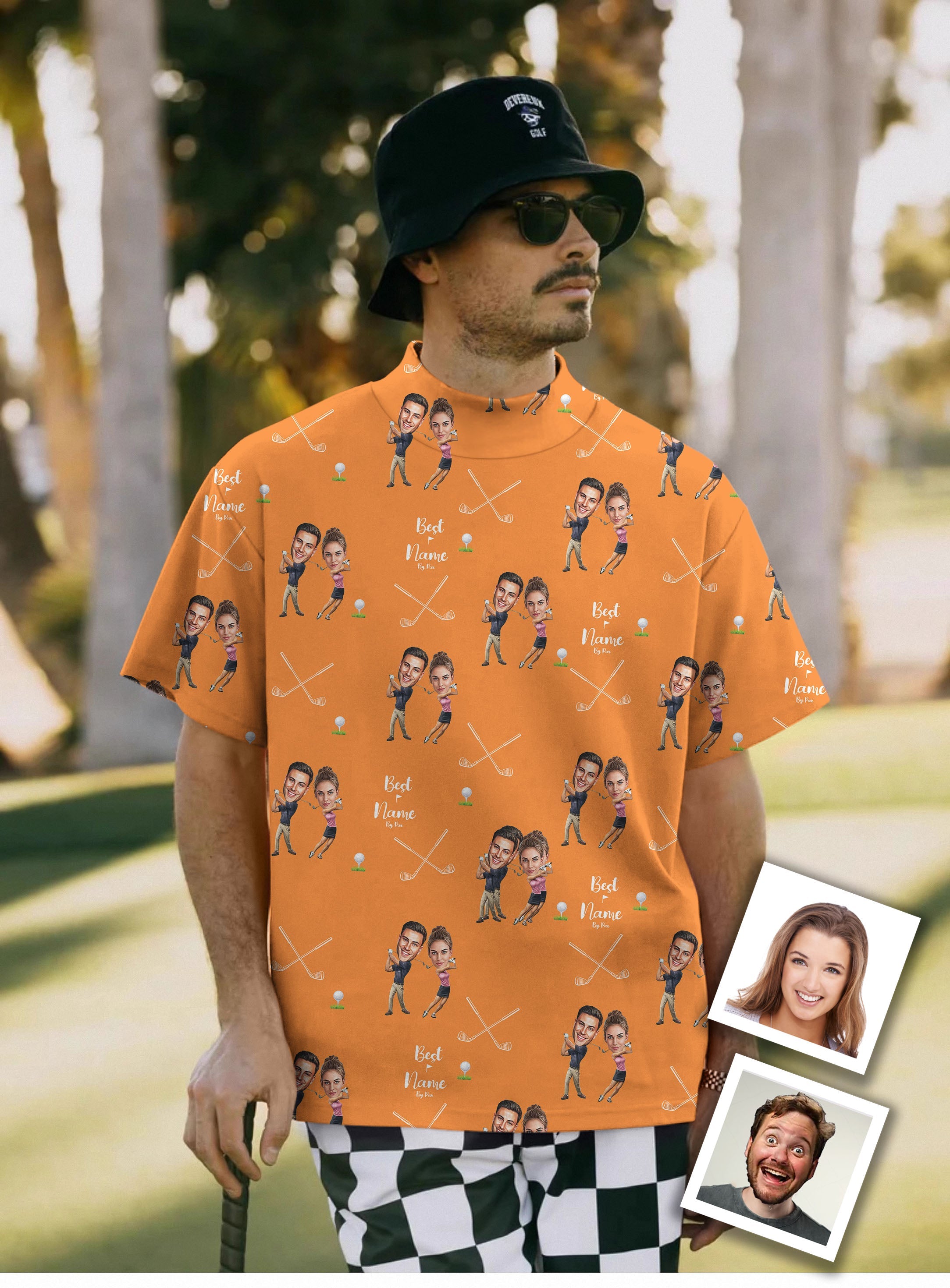 Men's Custom Couple Photo Face & Name Pullover High neck Long/Short sleeve T-Shirt