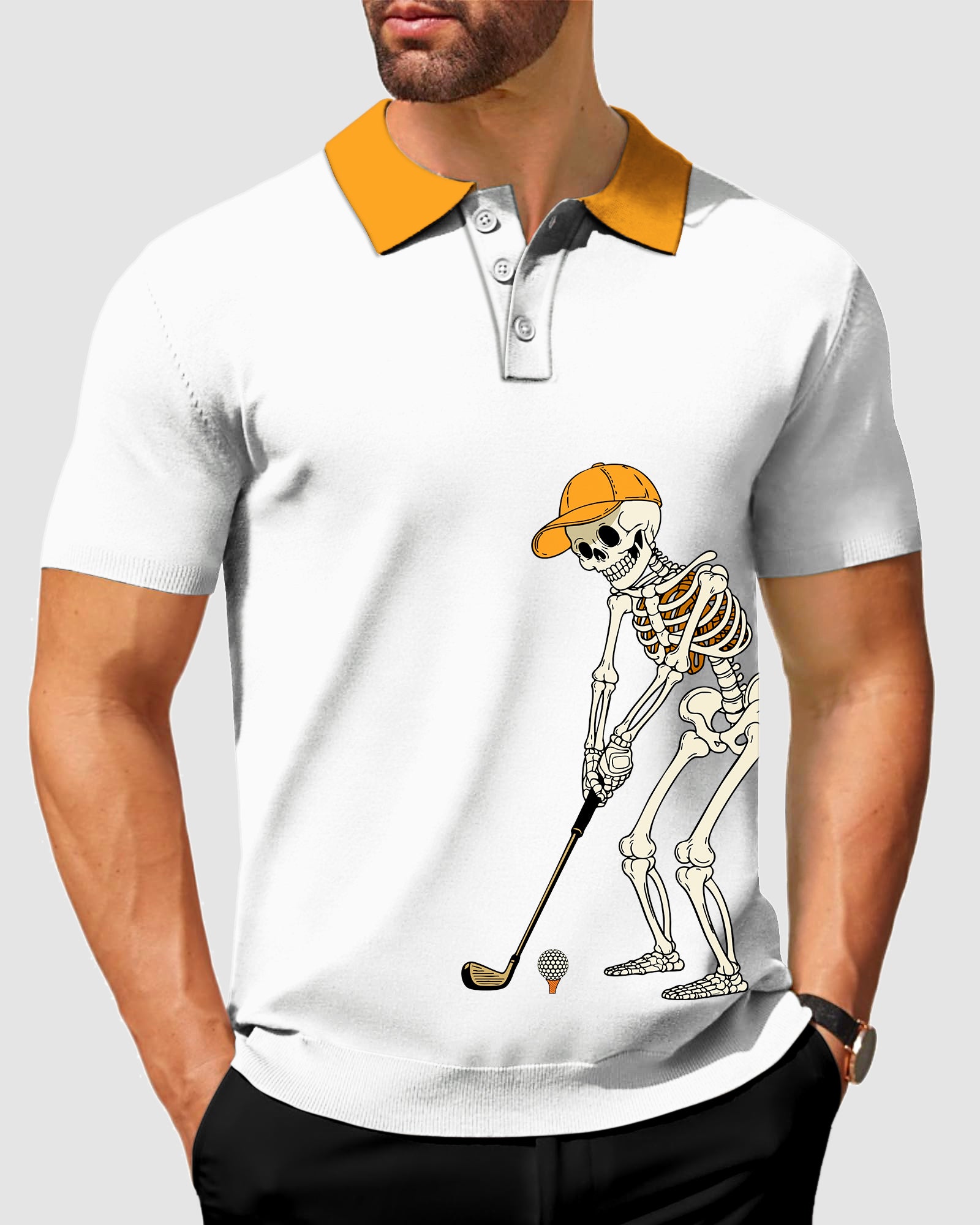 Men's Pumpkin White Halloween Skeleton Golf Polo