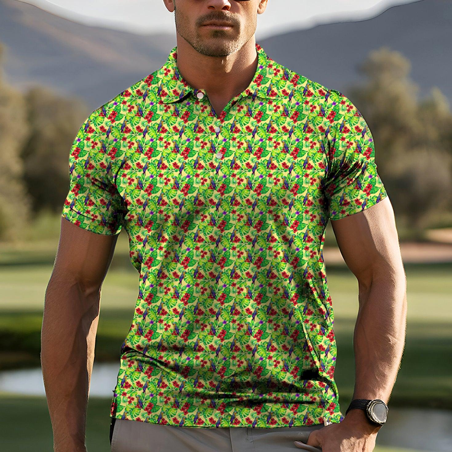 Men's Toucan tropical flowers golf polo