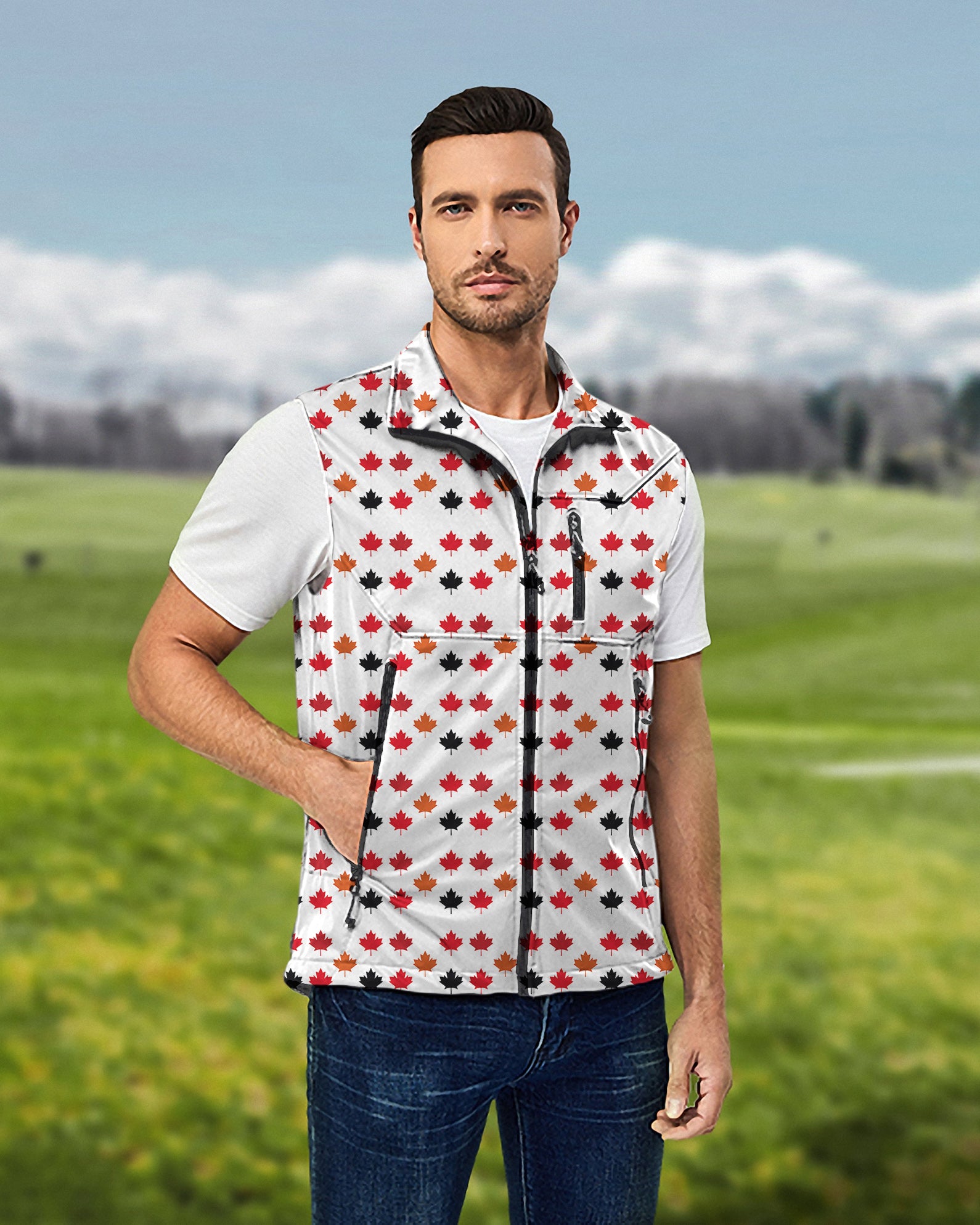 Men's Canada Four Color Maple Leaves Lightweight Softshell Vest Sleeveless Jacket for Golf Windproof Waterproof