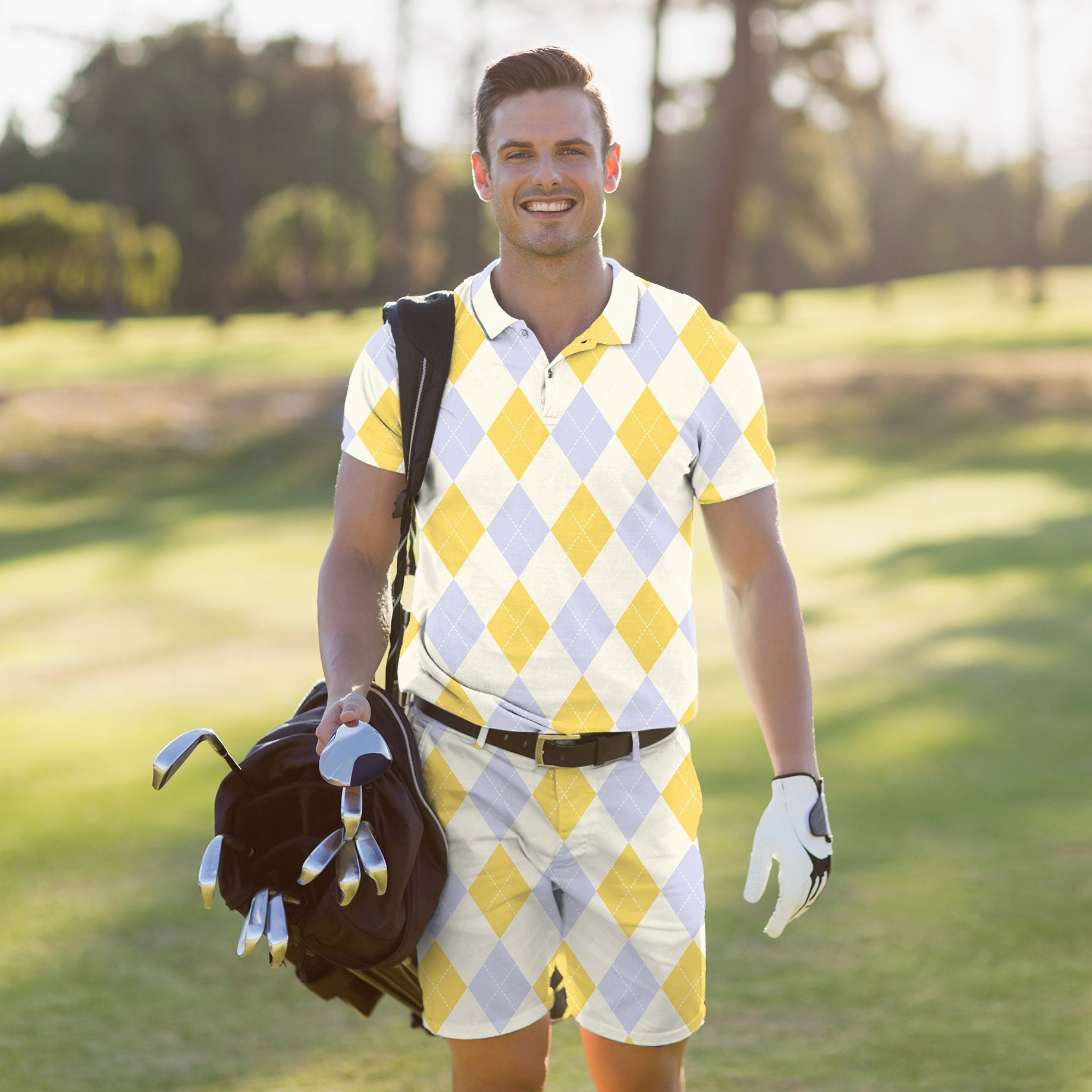 Men's Golf Set Polo+Shorts Yollow Argyle