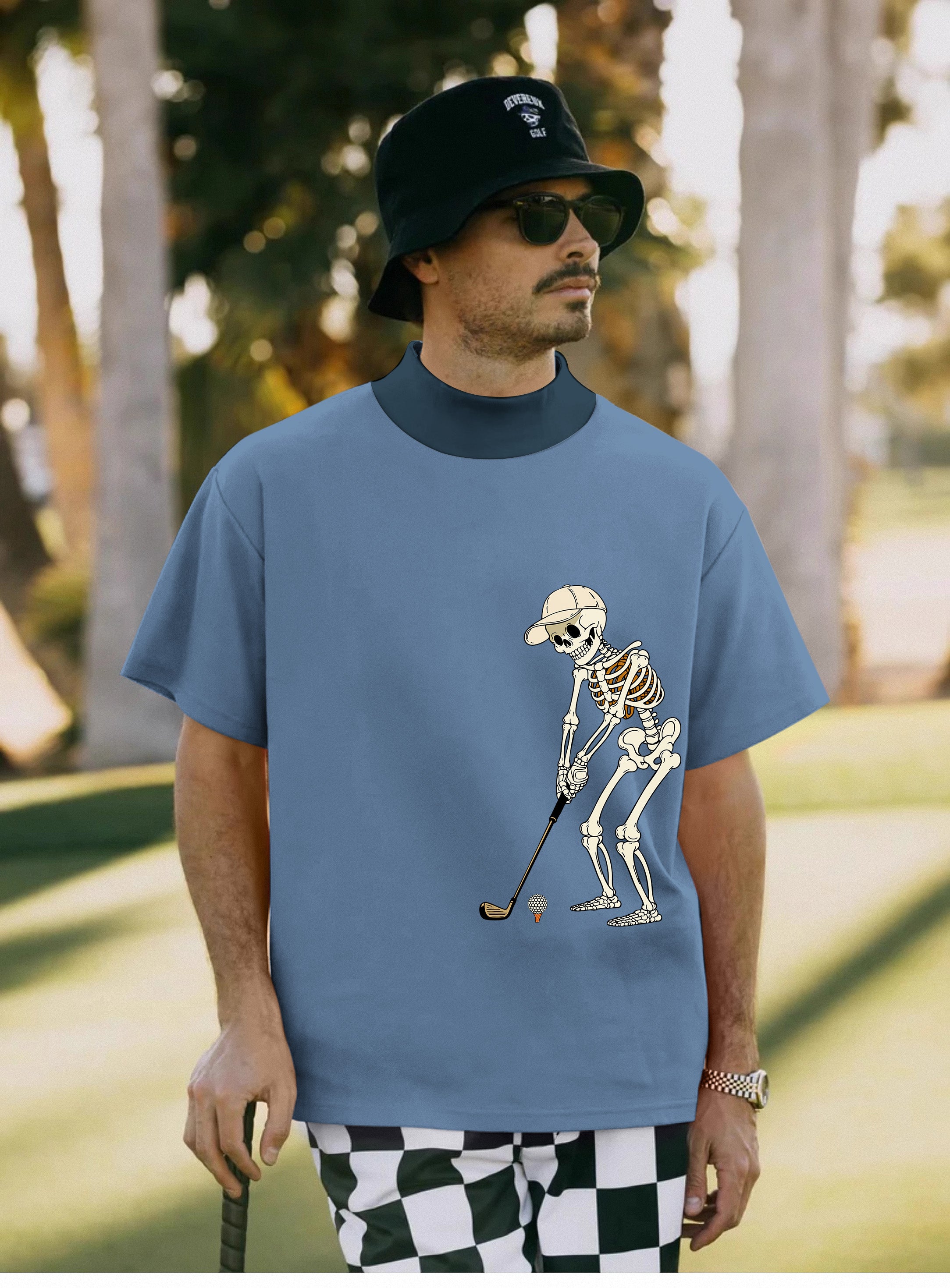 Men's White Royal Blue Halloween Skeleton Golf Pullover High neck Long/Short sleeve T-Shirt