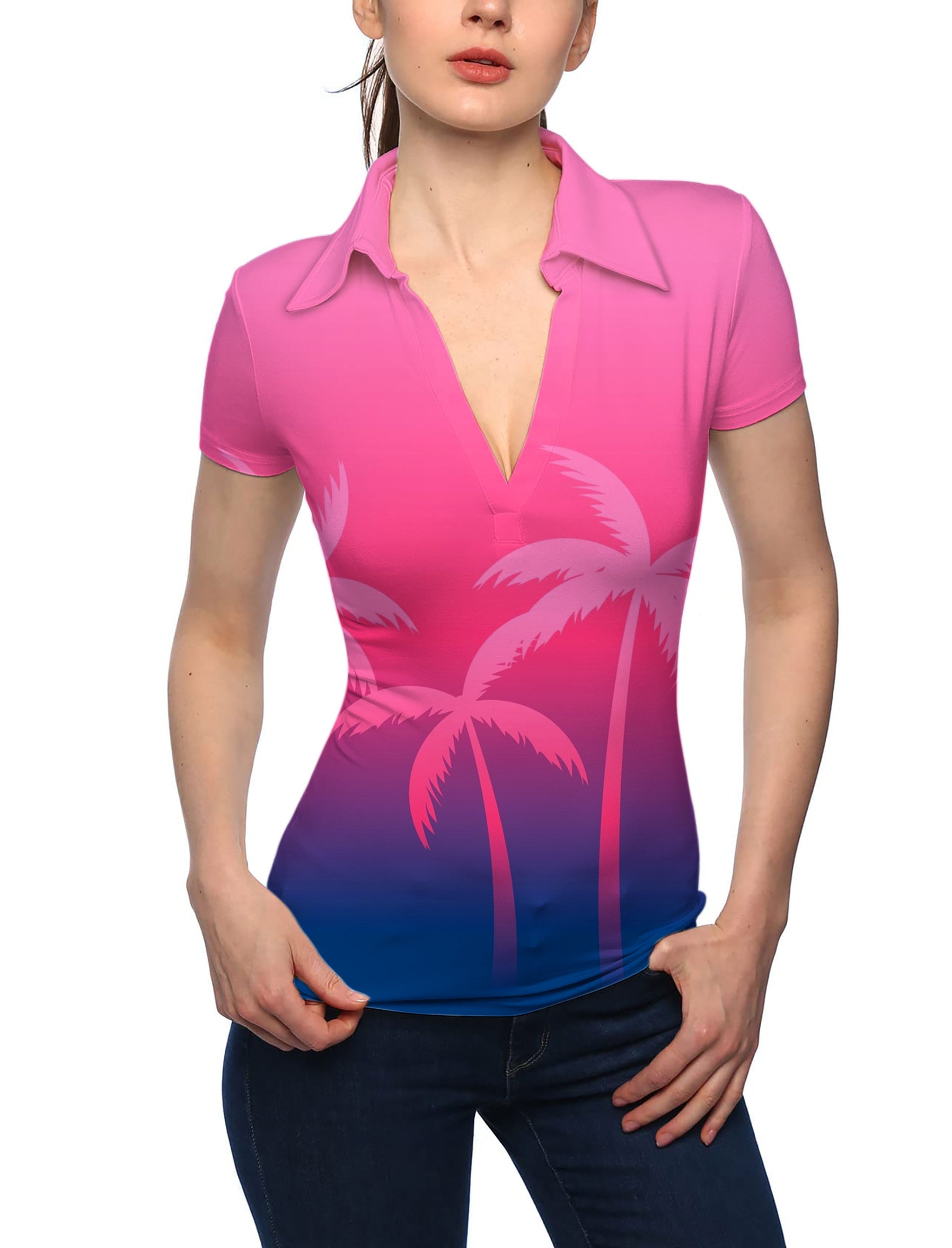 Women's Sunset Palm Paradise V Neck Golf Polo