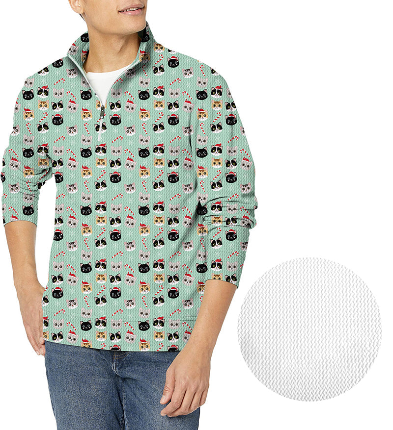 Christmas cat men's golf waffle zipper pullover with festive cat pattern and textured fabric