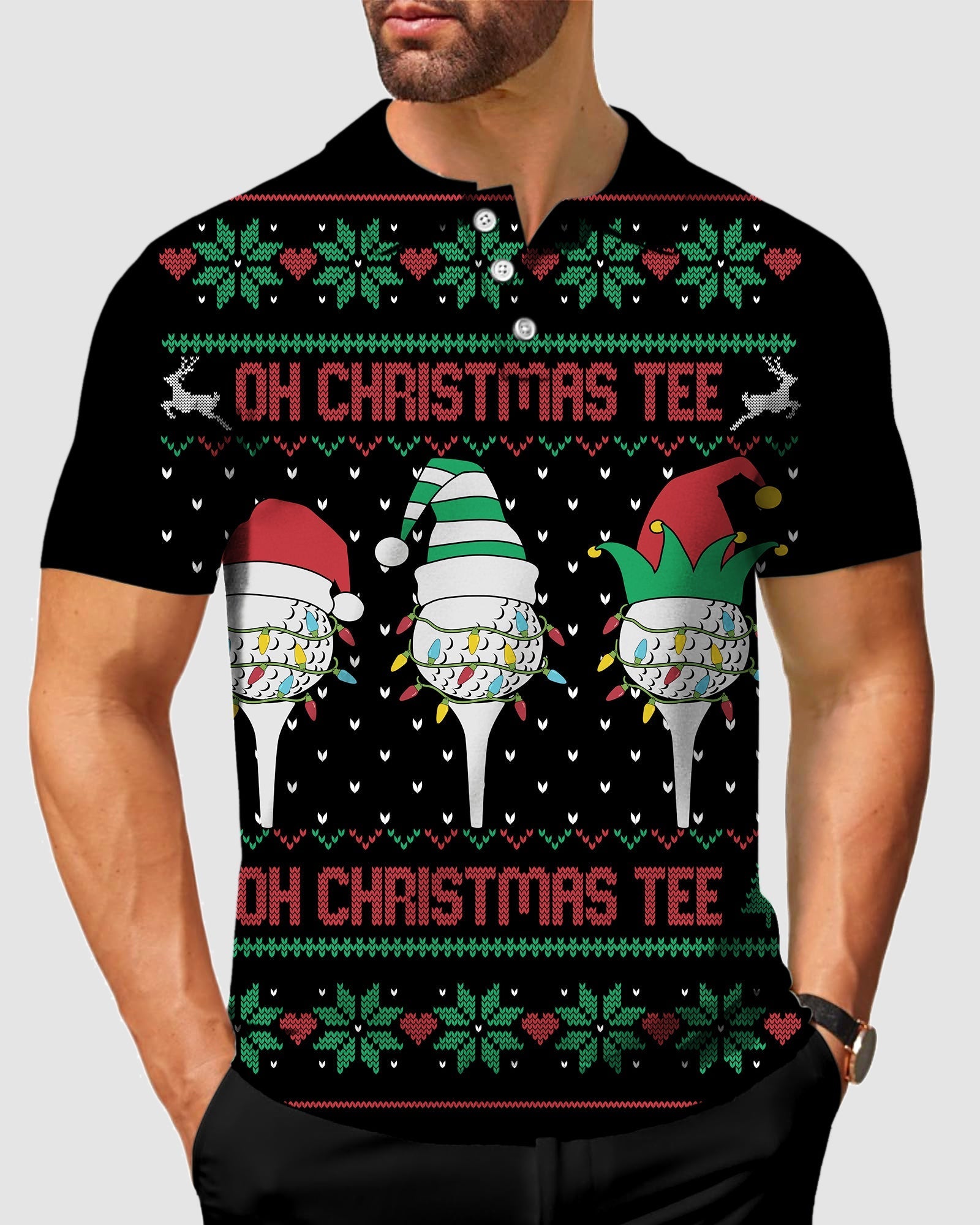 Men's Black-Christmas Custom face Polo with festive golf tee design and classic fit