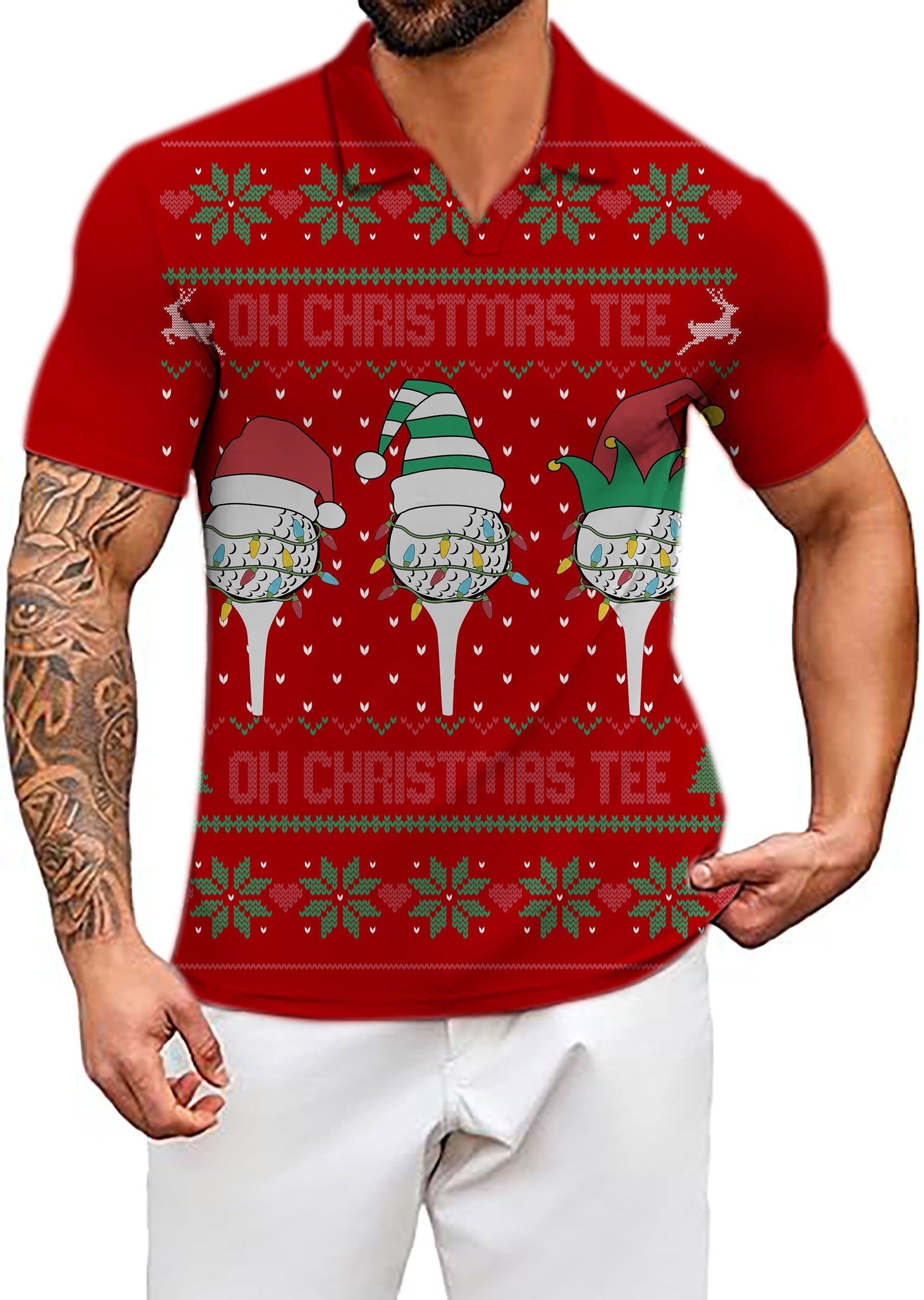 Men's Coconut Palm navy blue ink dots red Christmas custom face polo shirt with festive golf ball design