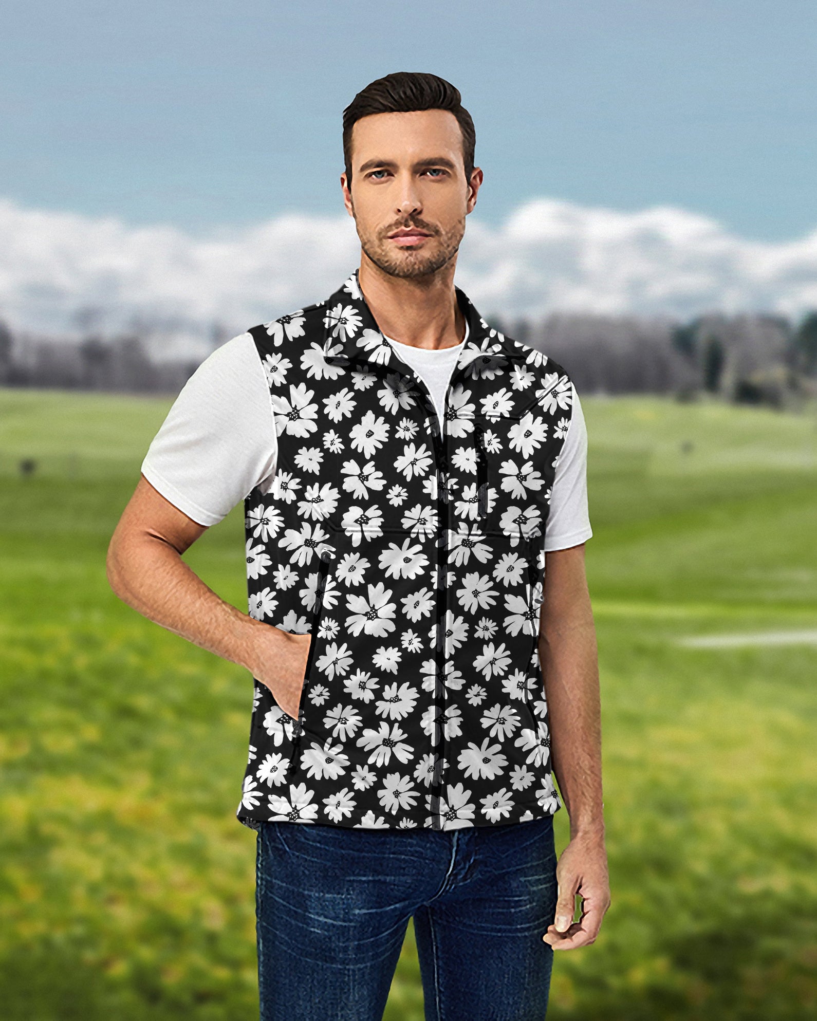 Men's Zebra Daisy Lightweight Softshell Vest Sleeveless Jacket for Golf Windproof Waterproof