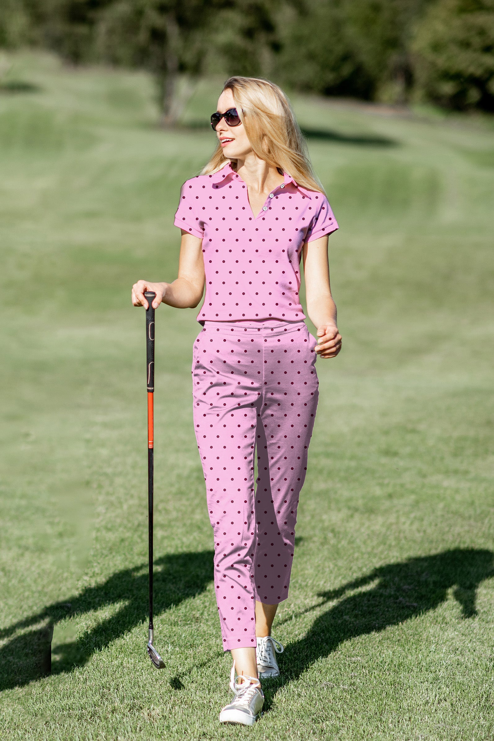 Women's Golf Polo+Pants Set Pink Polka Dots
